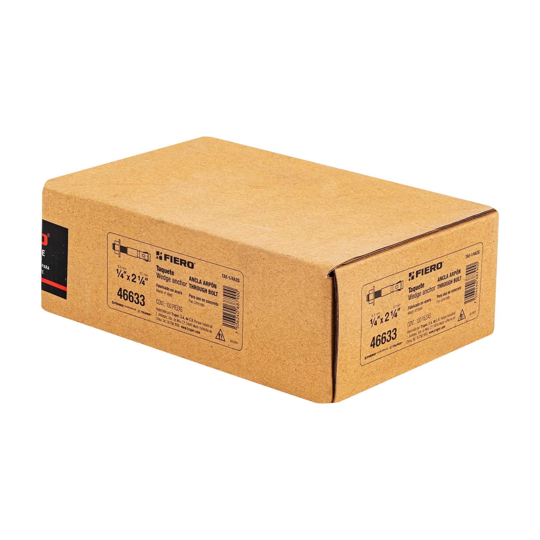 Taquete Arpon de 1/4" x 2"1/4 FIERO Caja 100 Piezas