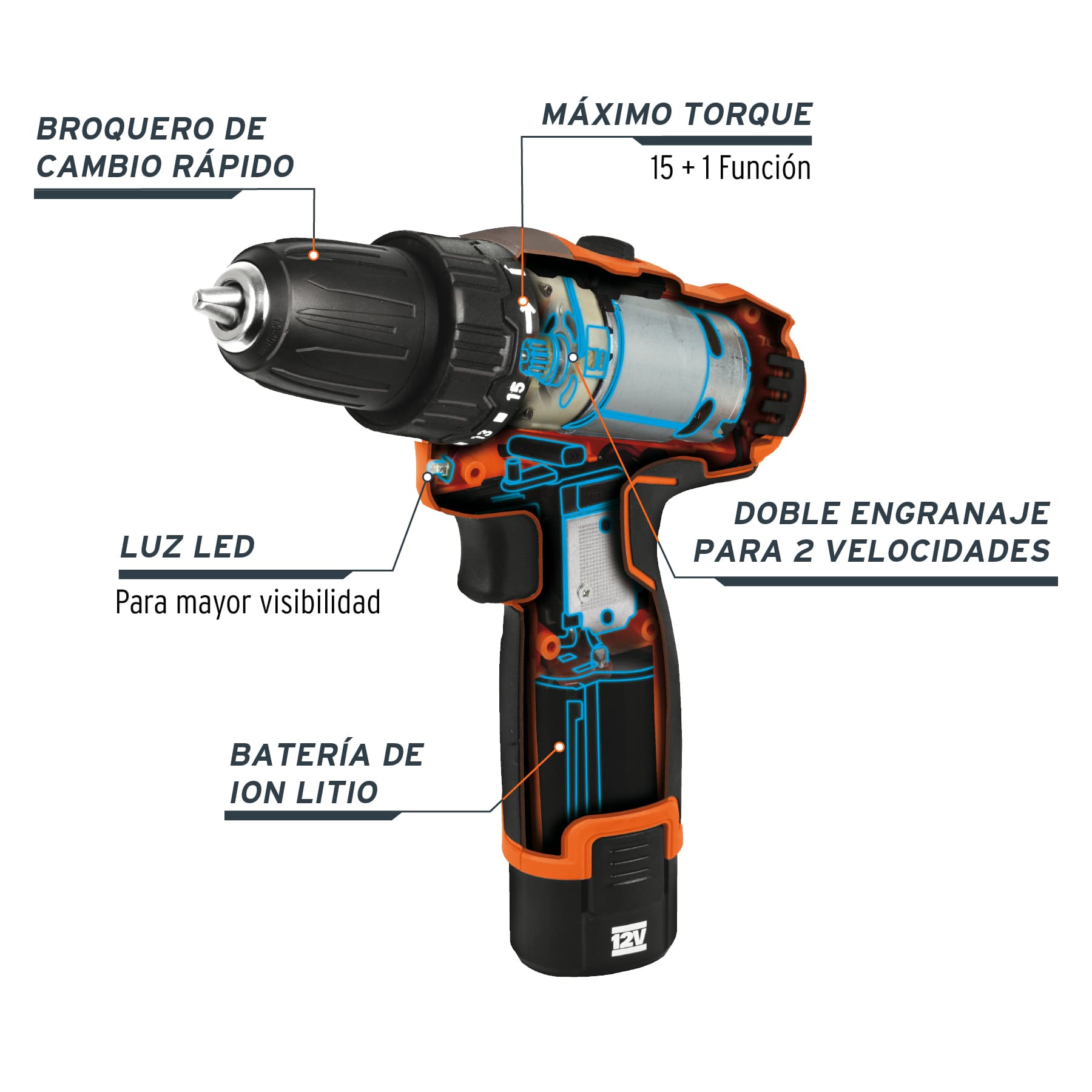 Taladro Inalambrico 12 Volts Broquero 3/8" Compacto Truper PRO