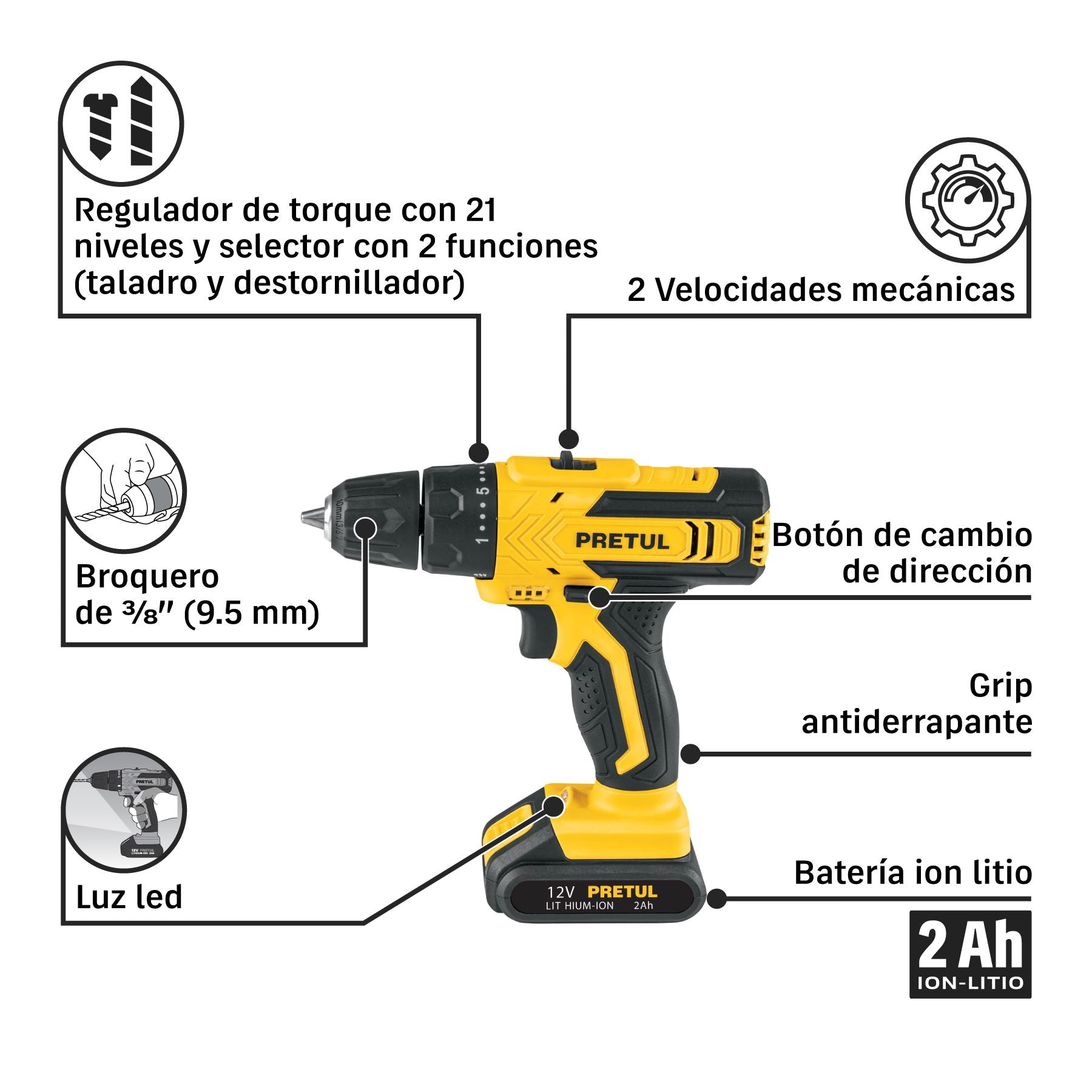 Taladro Inalambrico 12 Volts Broquero 3/8" Cargador y Bateria Pretul