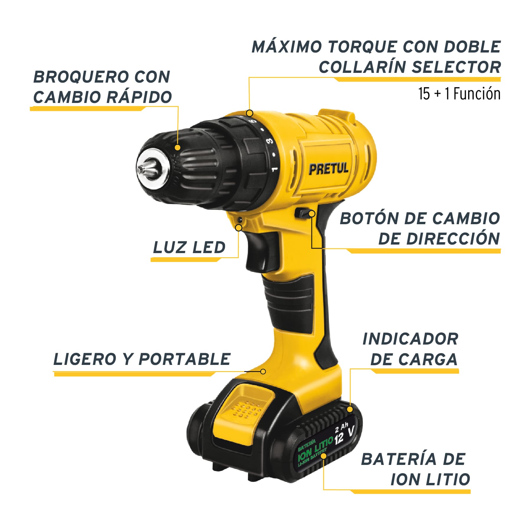Taladro Inalambrico 12 Volts Broquero de 3/8" Pretul