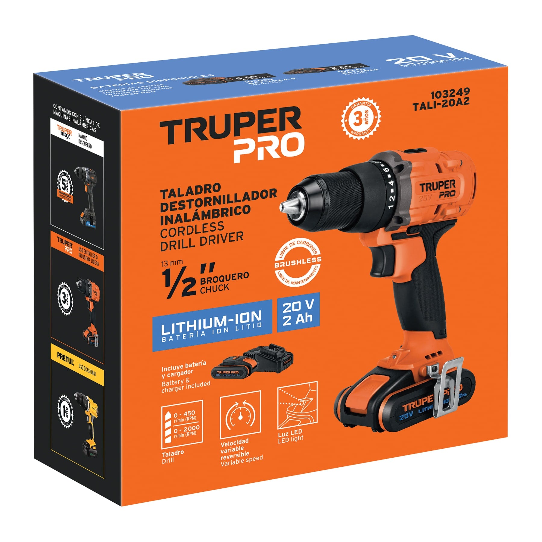 Taladro Inalambrico 20 Volts Broquero 1/2" con 1 Bateria y 1 Cargador Truper PRO