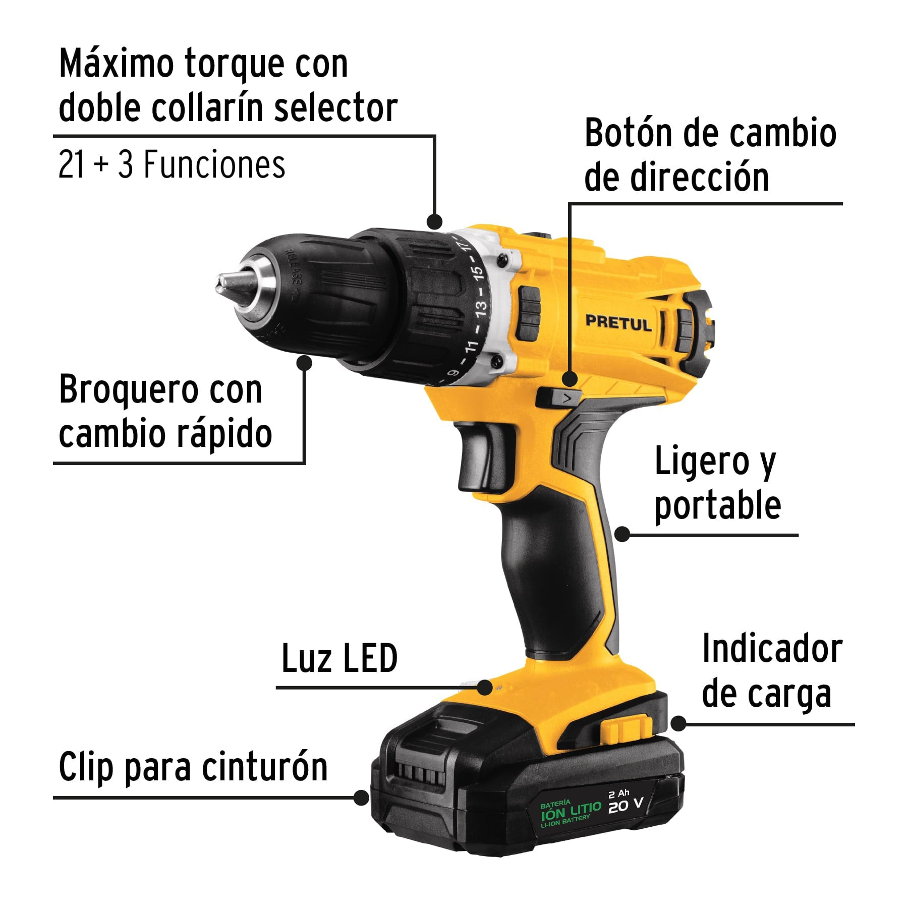 Taladro Inalambrico 20 Volts Broquero de 1/2" Pretul