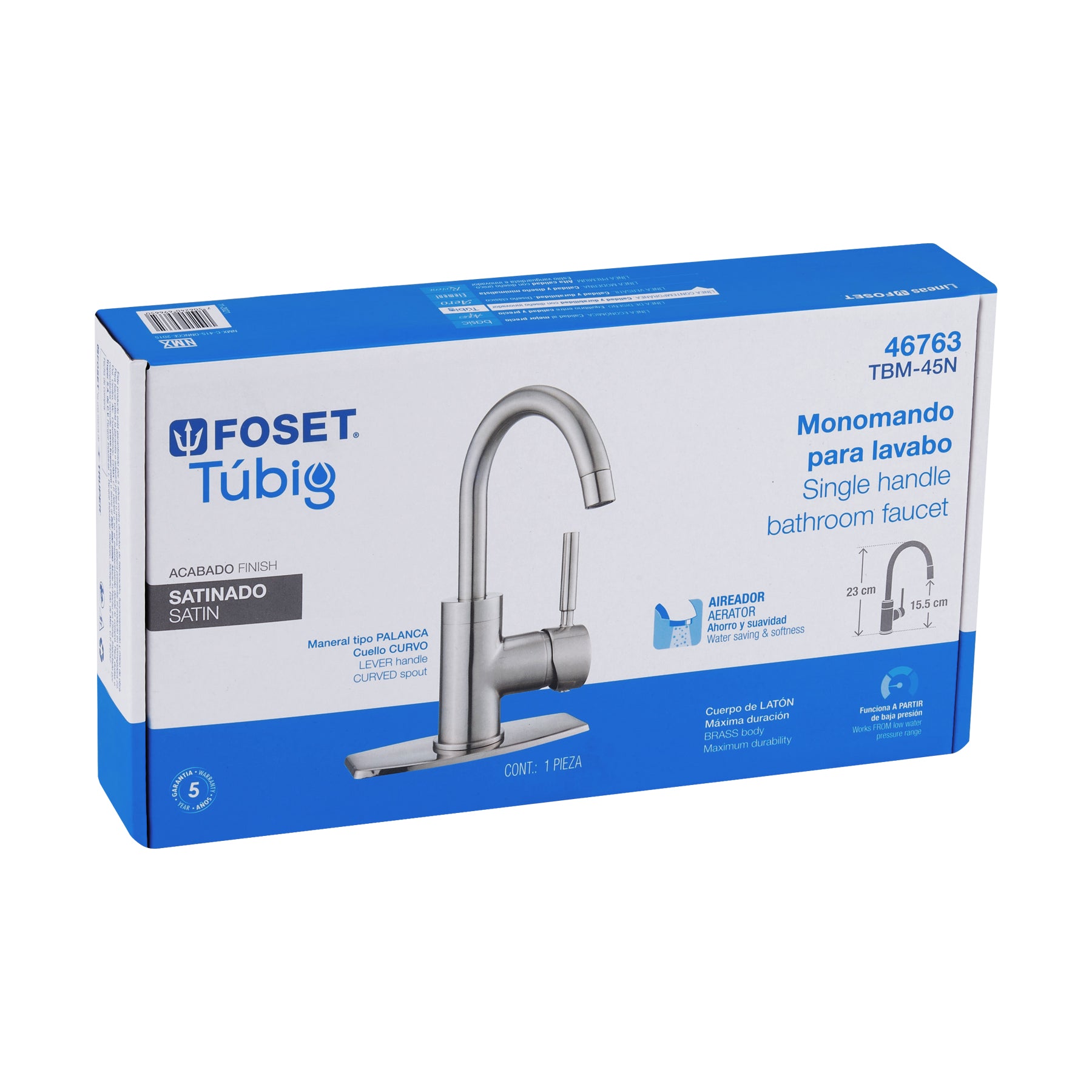 Monomando para Lavabo Corto Cuello Curvo FOSET TUBIG Acabado Satin