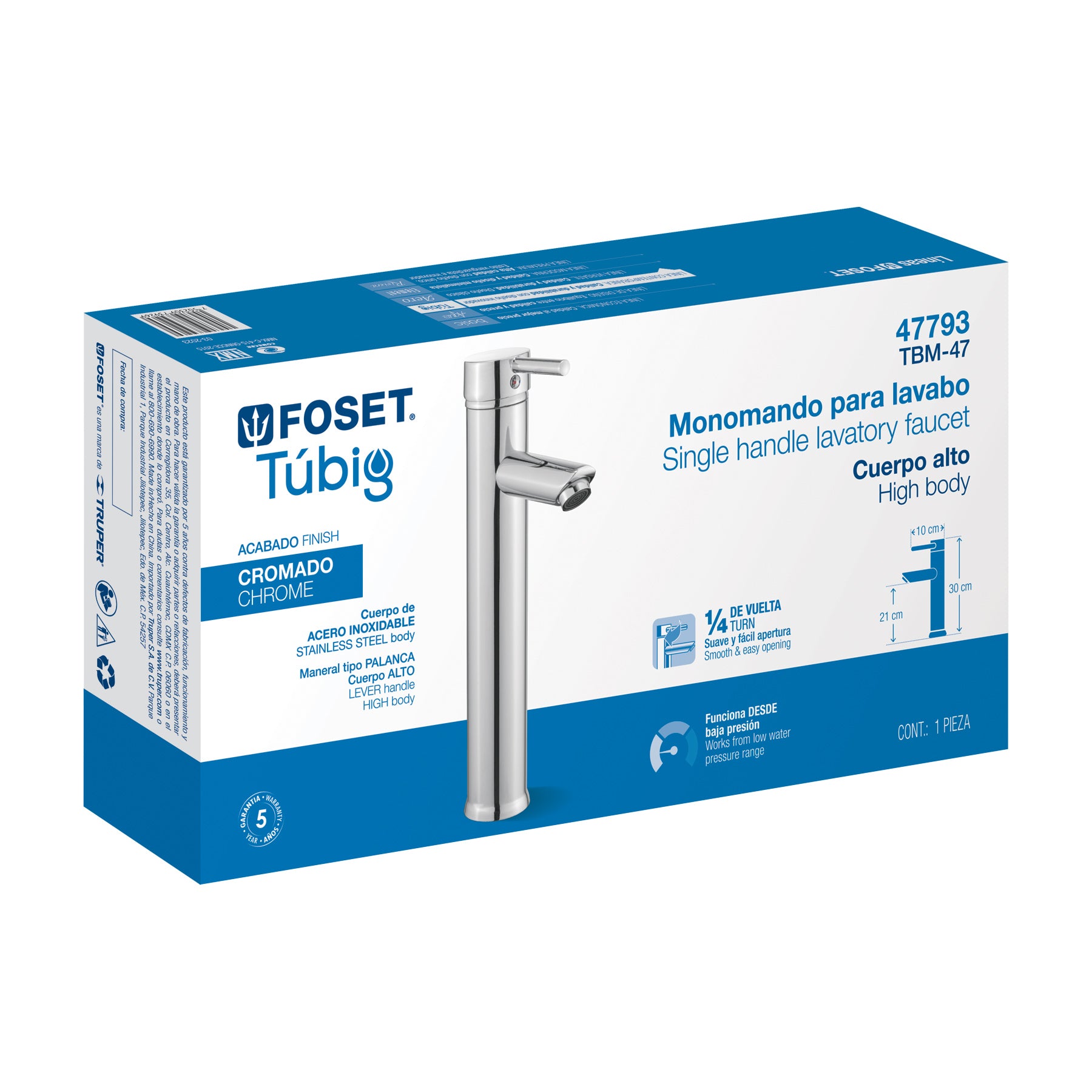 Monomando para Lavabo Alto FOSET TUBIG Acabado Cromo