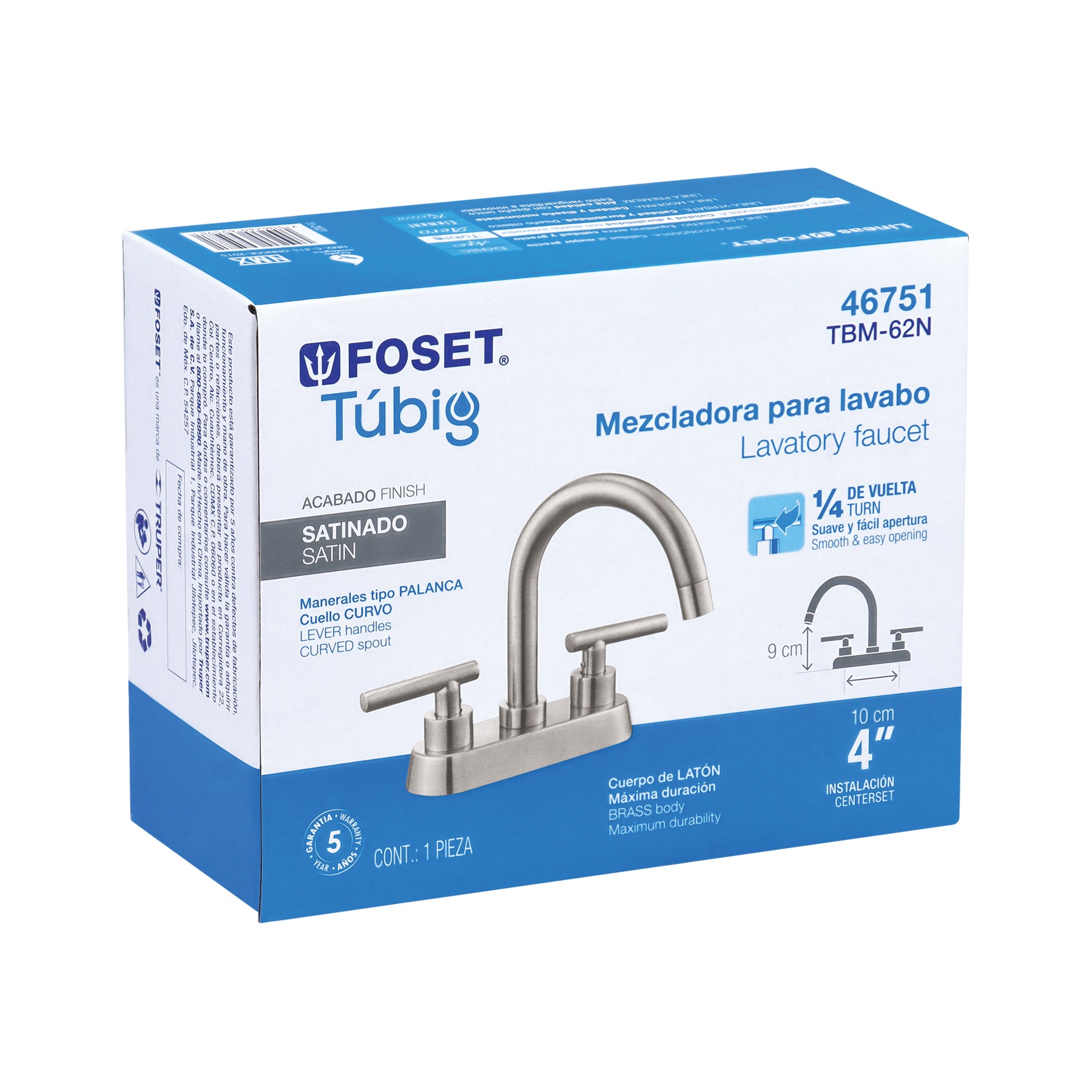 Mezcladora para Lavabo 4" Manerales Palanca FOSET TUBIG Acabado Satin