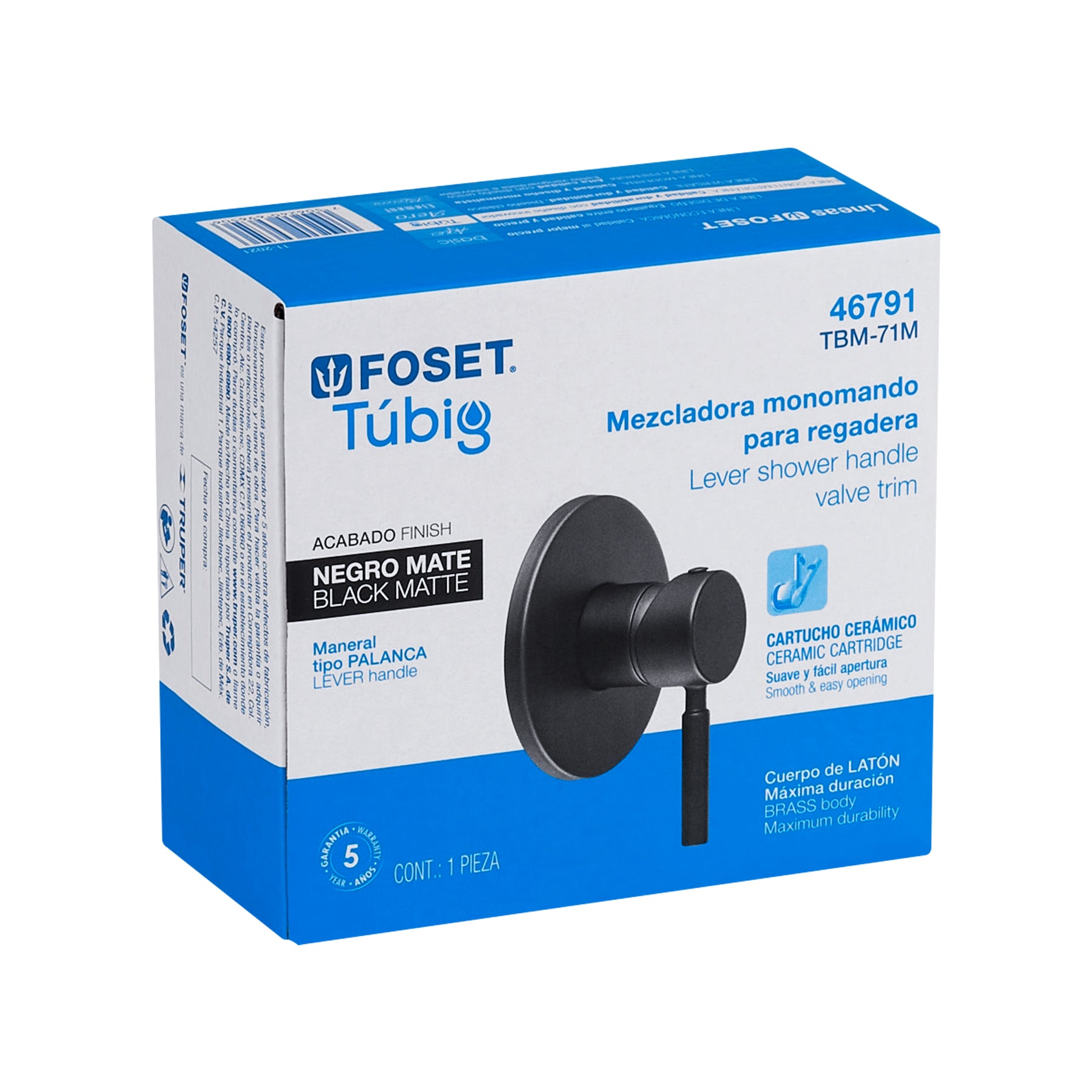 Monomando para Regadera FOSET TUBIG Acabado Negro