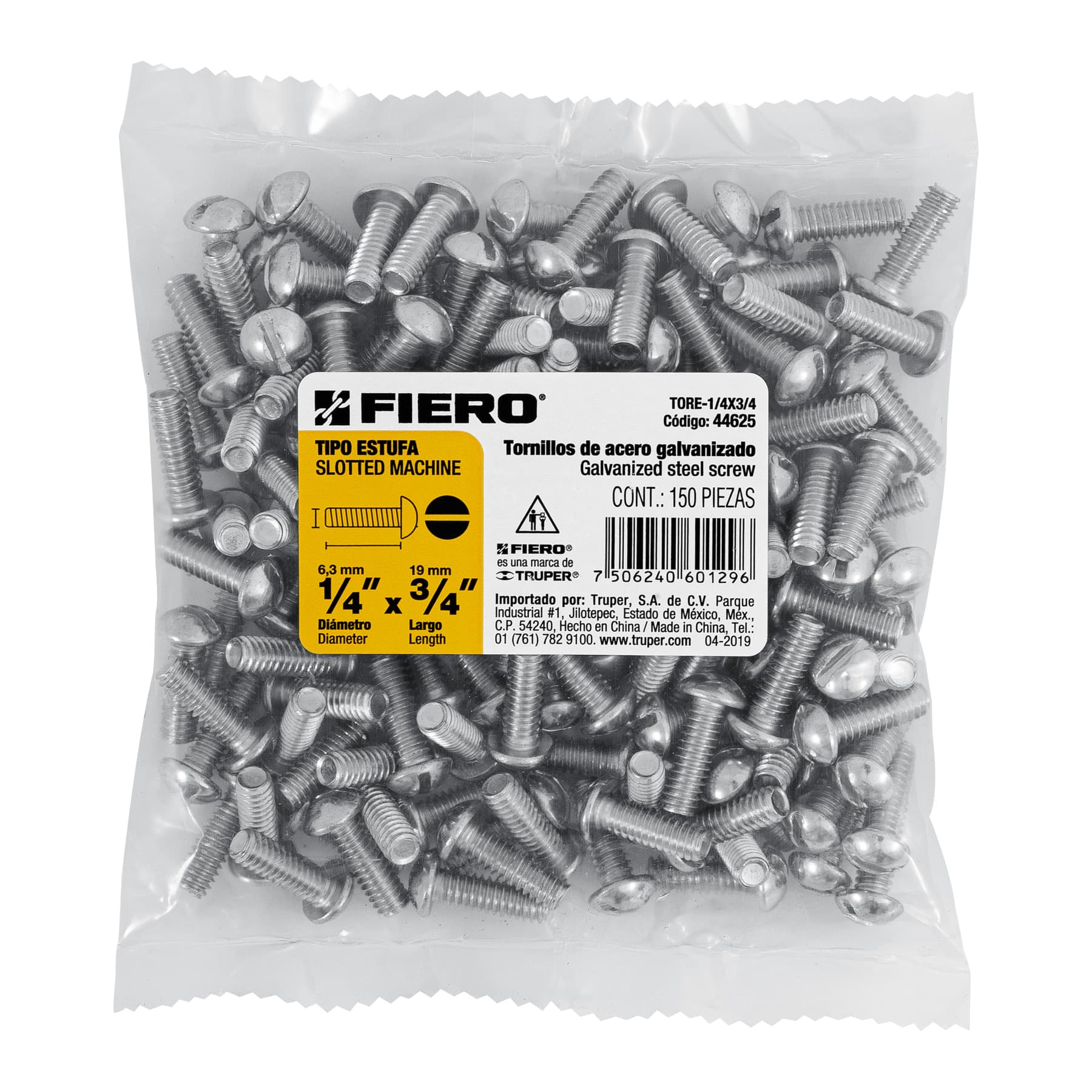 Tornillo Tipo Estufa 1/4" X 3/4" Fiero Bolsa 150 Piezas