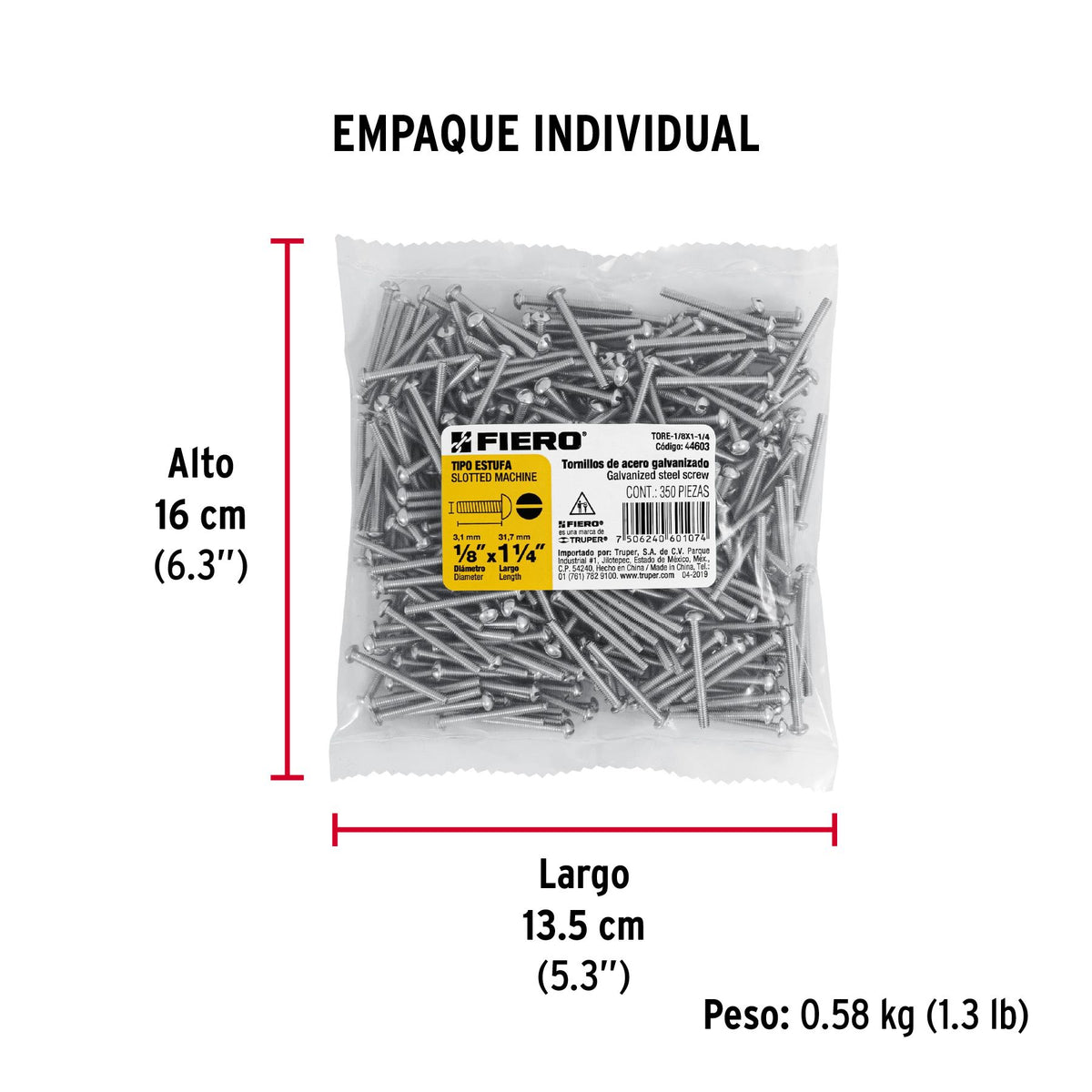 Tornillo Tipo Estufa 1/8" x 1"1/4 Fiero Bolsa 350 Piezas