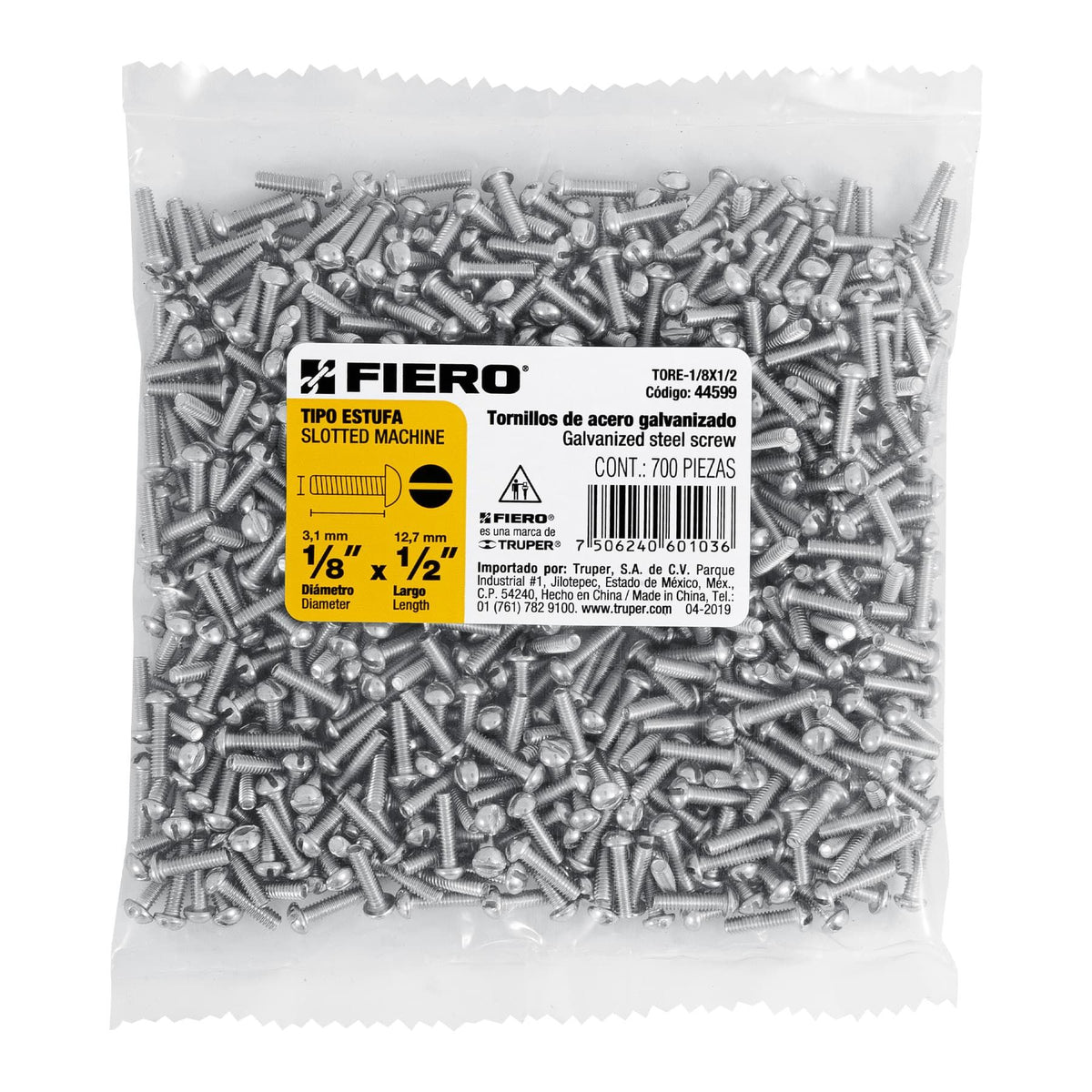 Tornillo Tipo Estufa 1/8" x 1/2" Fiero Bolsa 700 Piezas