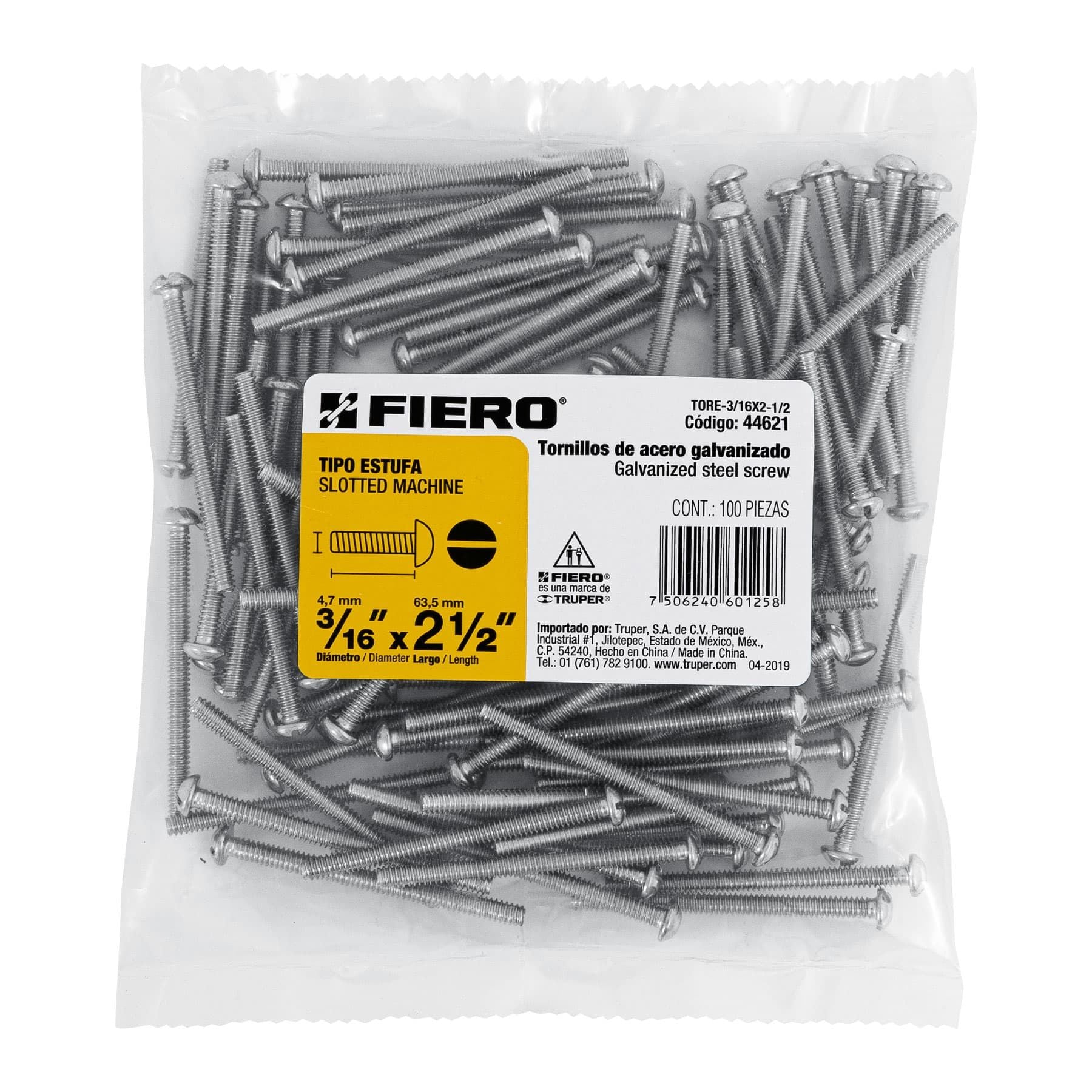 Tornillo Tipo Estufa 3/16" x 2"1/2 Fiero Bolsa 100 Piezas