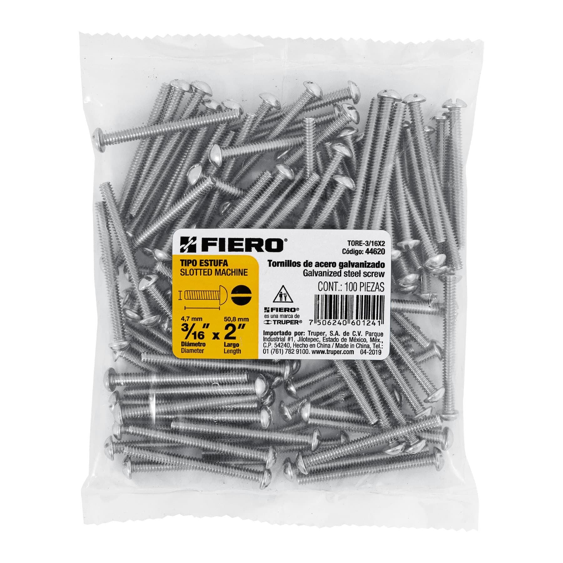 Tornillo Tipo Estufa 3/16" x 2" Fiero Bolsa 100 Piezas