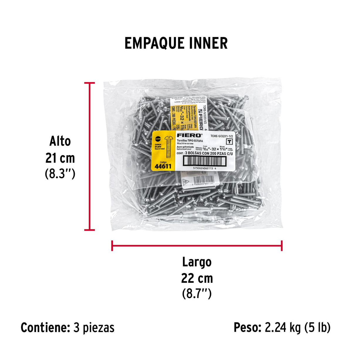 Tornillo Tipo Estufa 5/32" x 1"1/2 Fiero Bolsa 200 Piezas