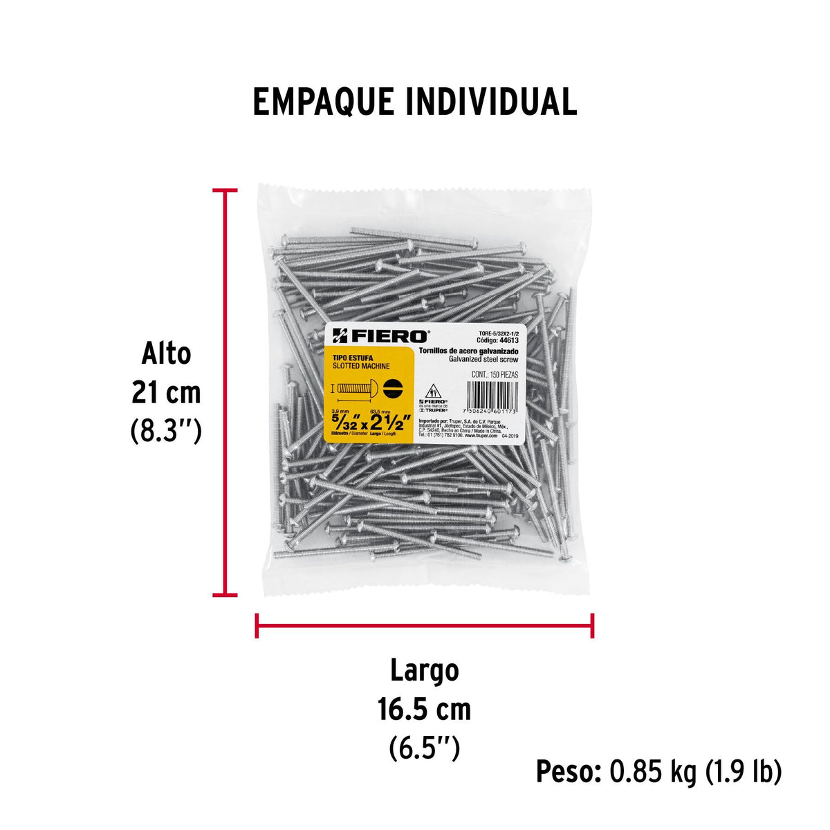 Tornillo Tipo Estufa 5/32" x 2"1/2 Fiero Bolsa 150 Piezas