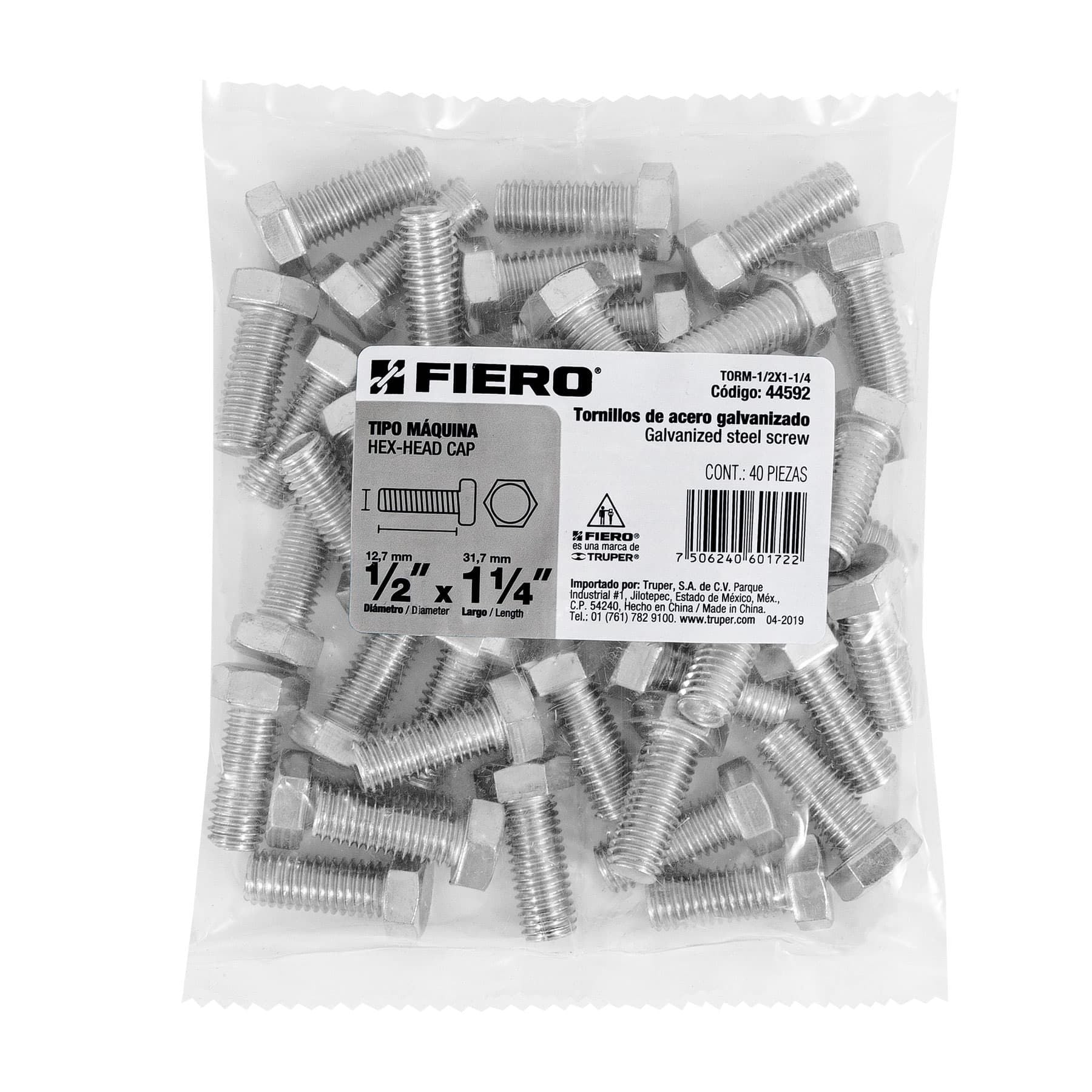 Tornillo Cabeza Hexagonal 1/2" x 1"1/4 Fiero Bolsa 40 Piezas