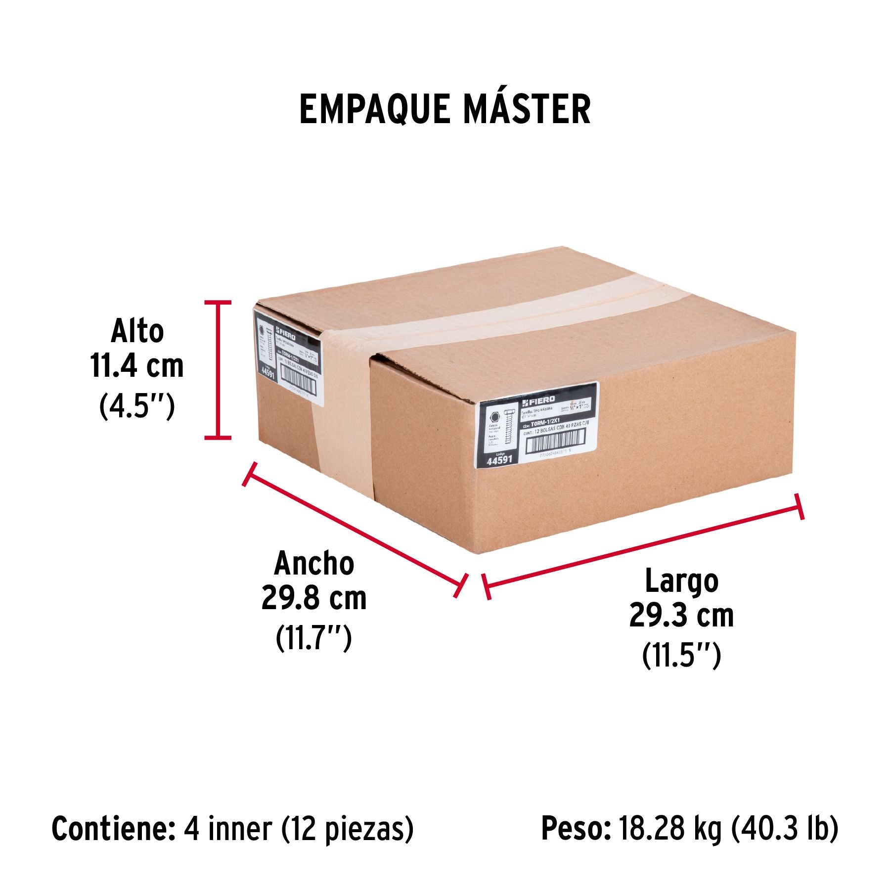Tornillo Cabeza Hexagonal 1/2" x 1" Fiero Bolsa 40 Piezas