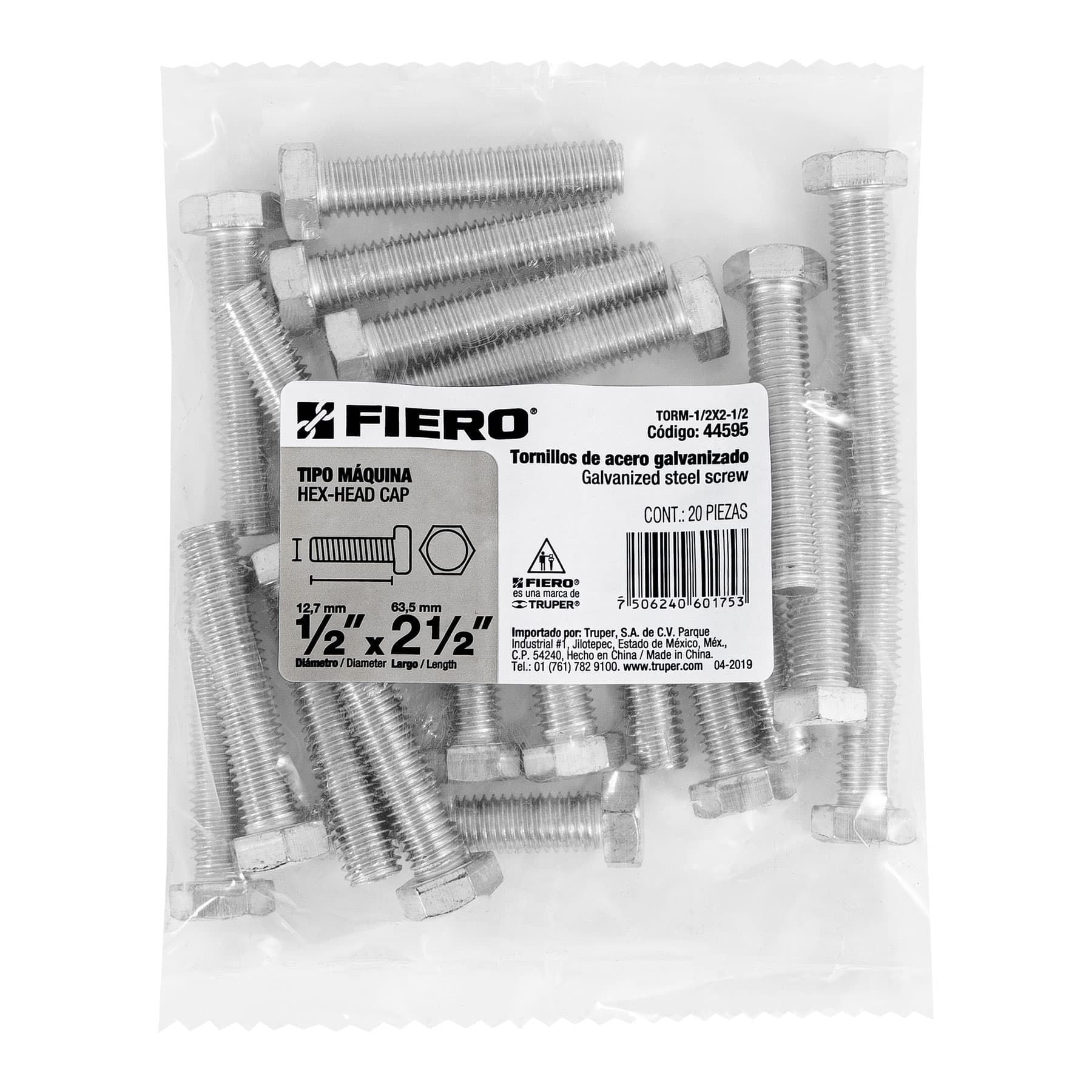 Tornillo Cabeza Hexagonal 1/2" x 2"1/2 Fiero Bolsa 20 Piezas