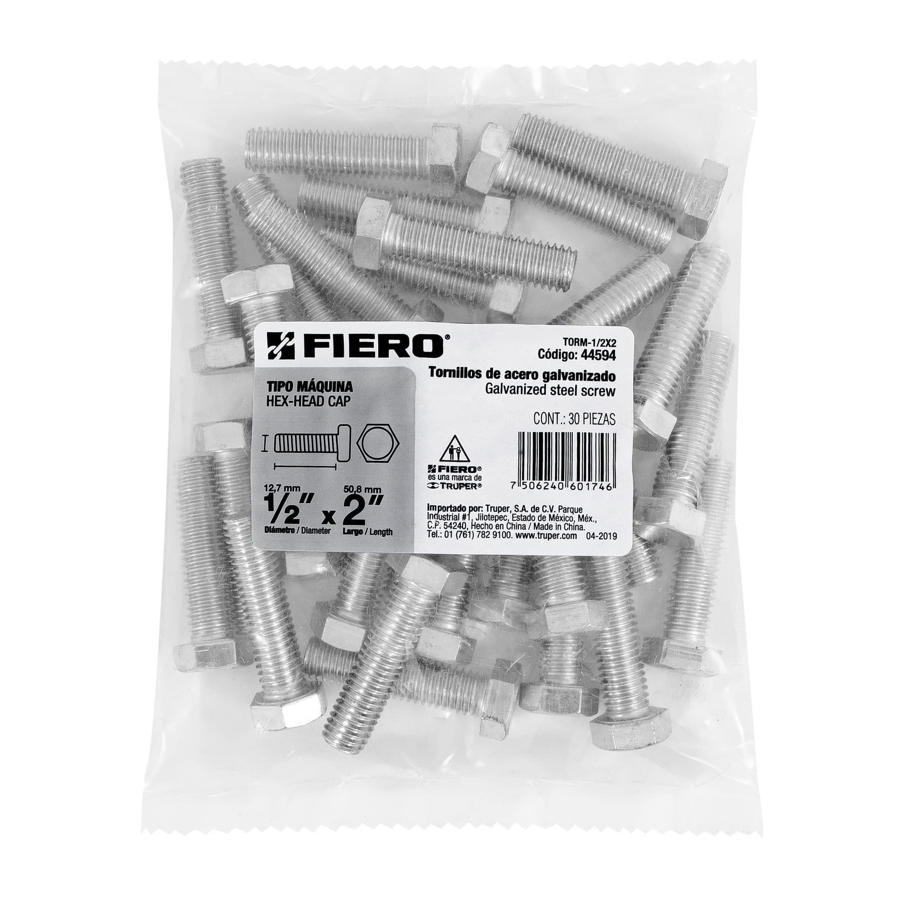 Tornillo Cabeza Hexagonal 1/2" x 2" Fiero Bolsa 30 Piezas