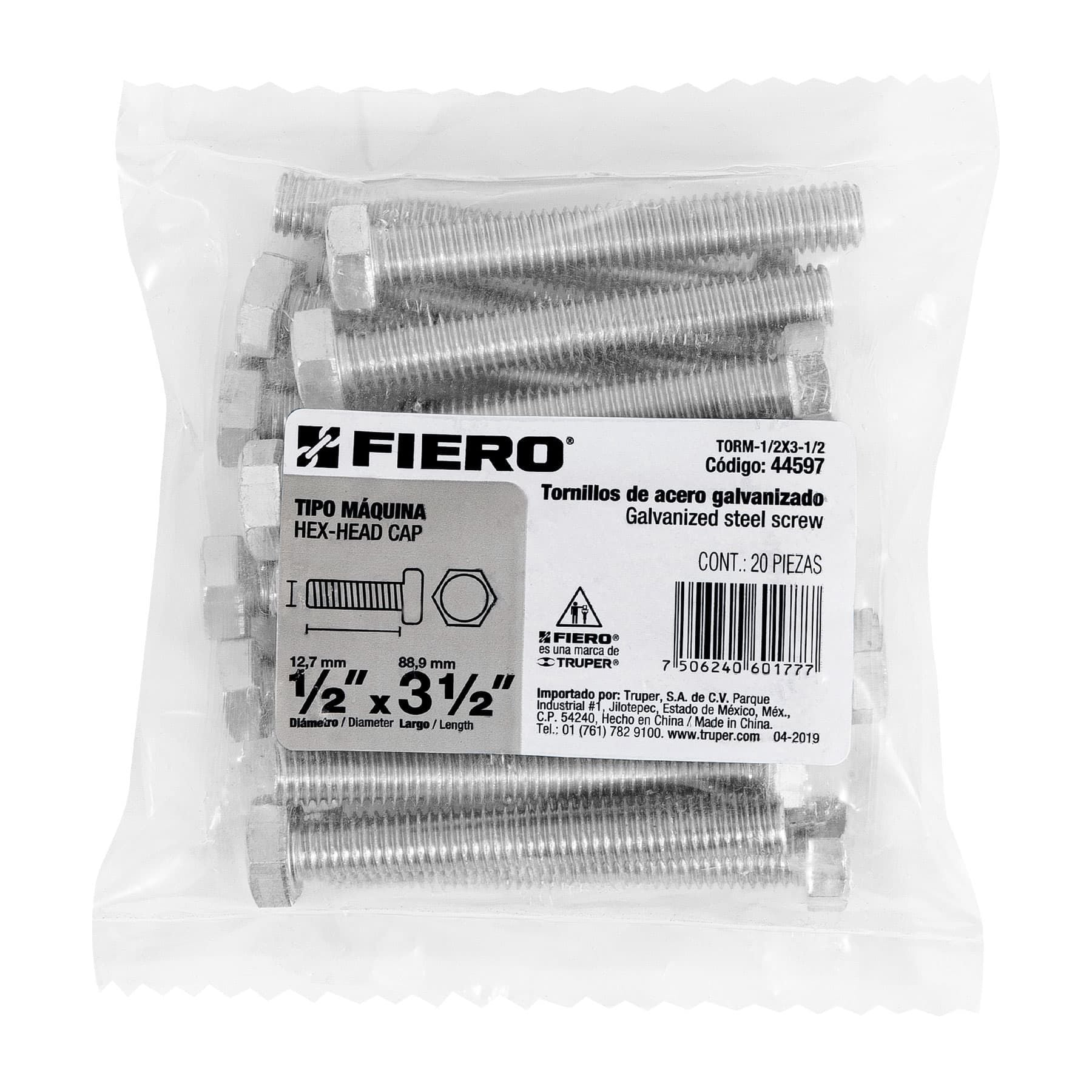 Tornillo Cabeza Hexagonal 1/2" x 3"1/2 Fiero Bolsa 20 Piezas