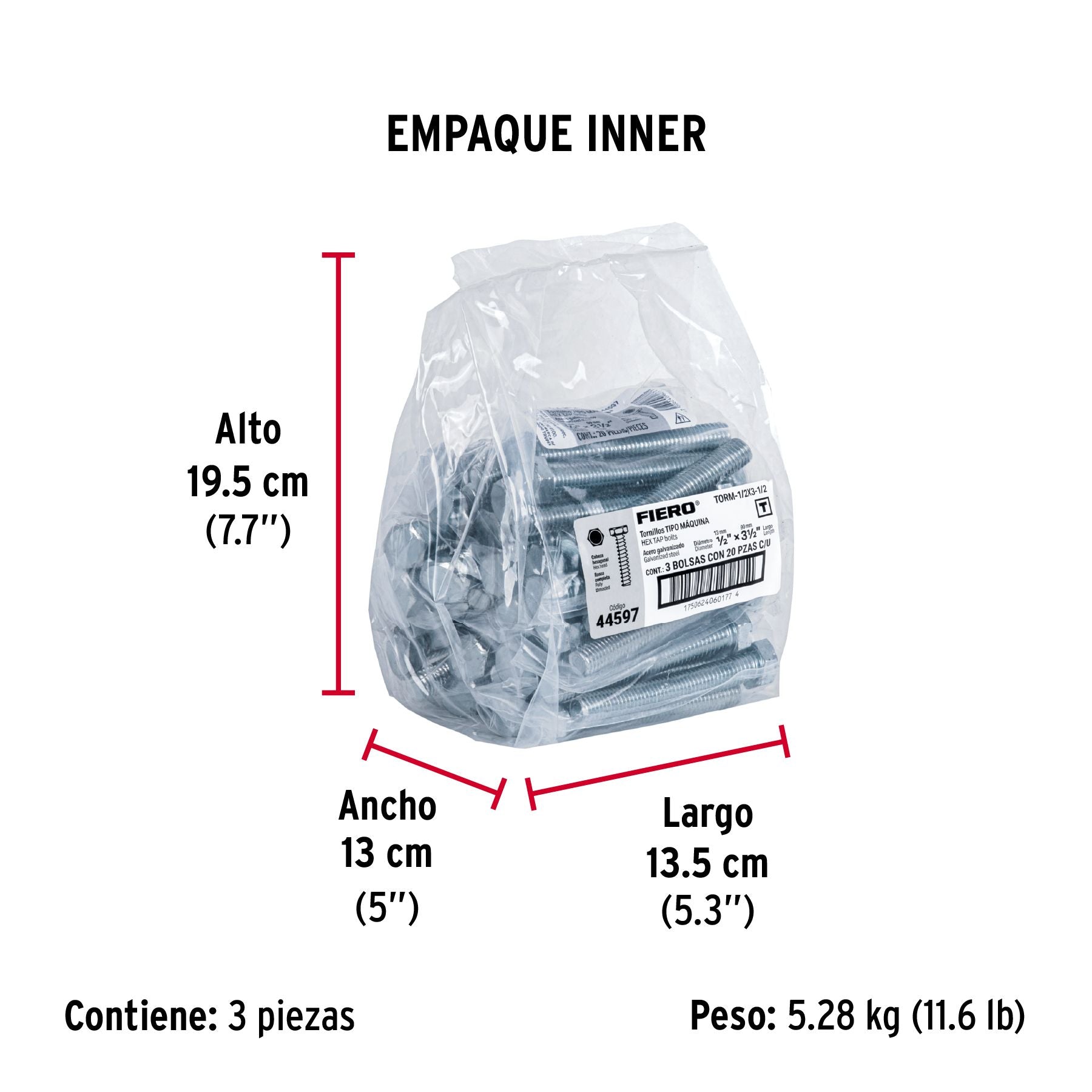 Tornillo Cabeza Hexagonal 1/2" x 3"1/2 Fiero Bolsa 20 Piezas
