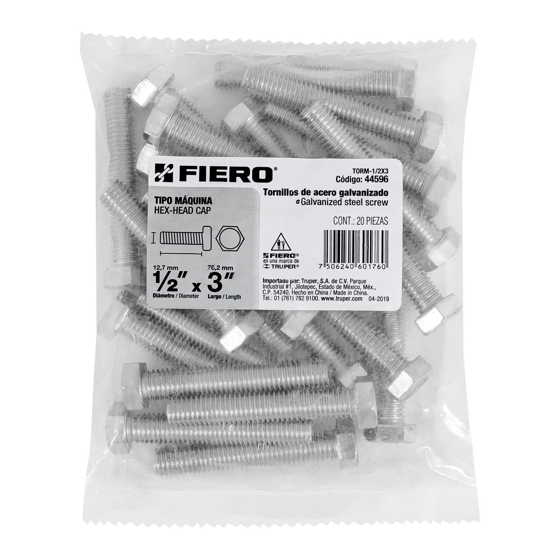 Tornillo Cabeza Hexagonal 1/2" x 3" Fiero Bolsa 20 Piezas