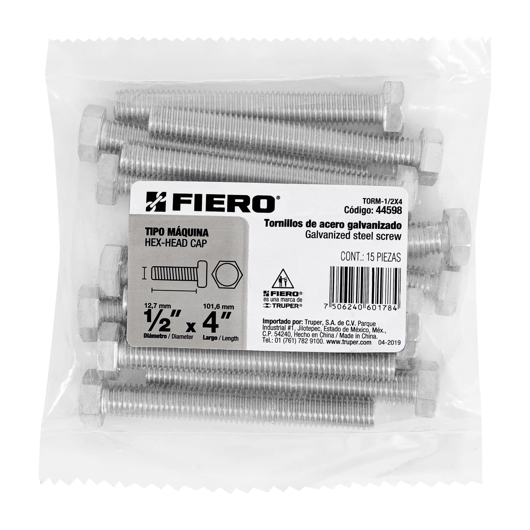 Tornillo Cabeza Hexagonal 1/2" x 4" Fiero Bolsa 15 Piezas