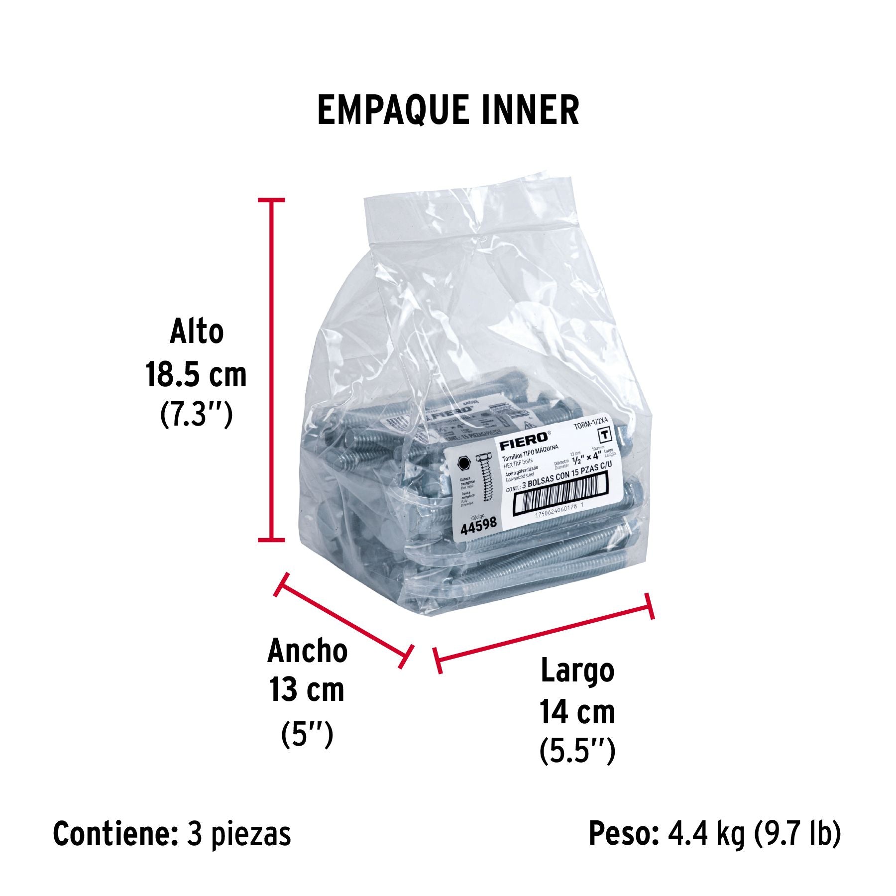 Tornillo Cabeza Hexagonal 1/2" x 4" Fiero Bolsa 15 Piezas
