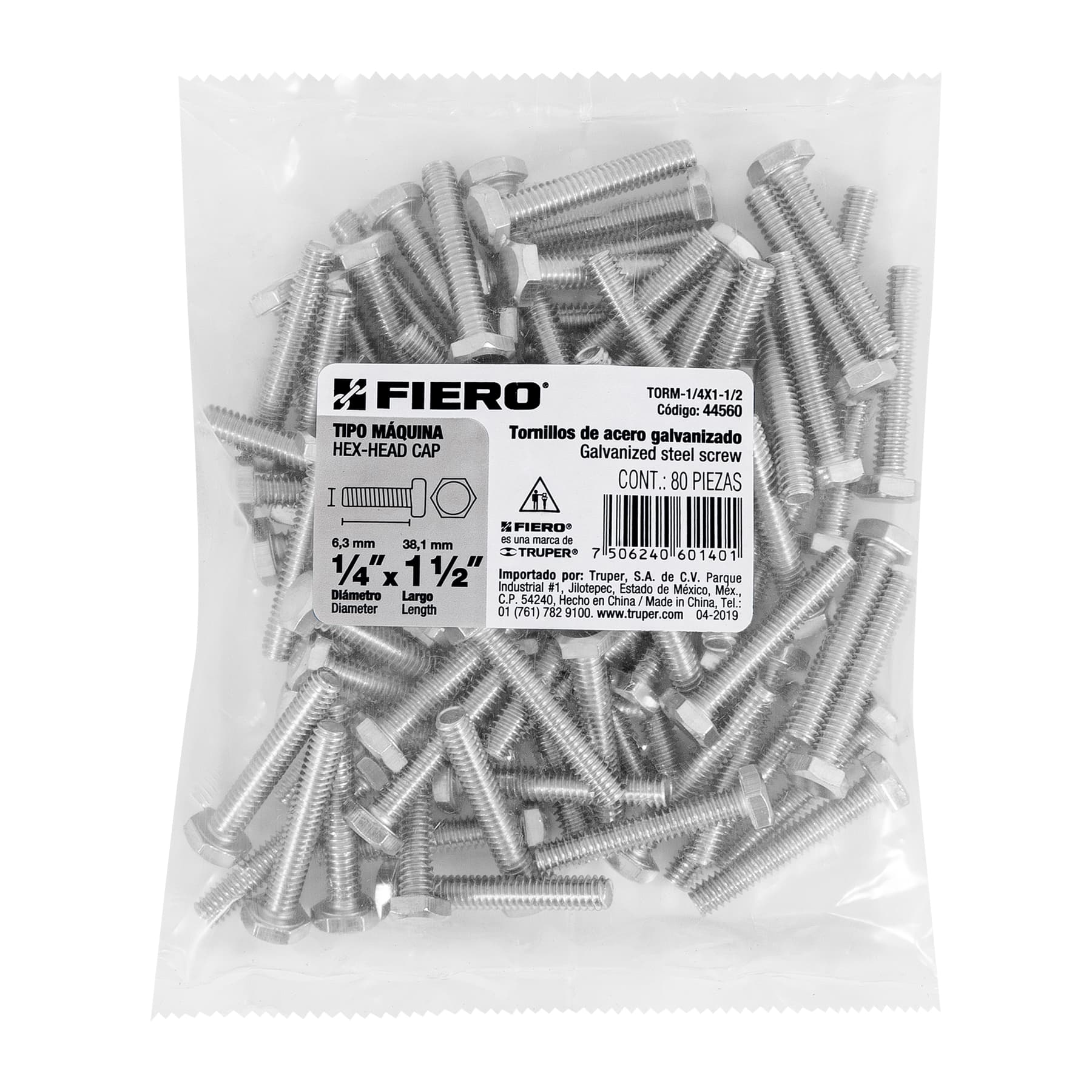 Tornillo Cabeza Hexagonal 1/4" x 1"1/2 Bolsa 80 Piezas Fiero