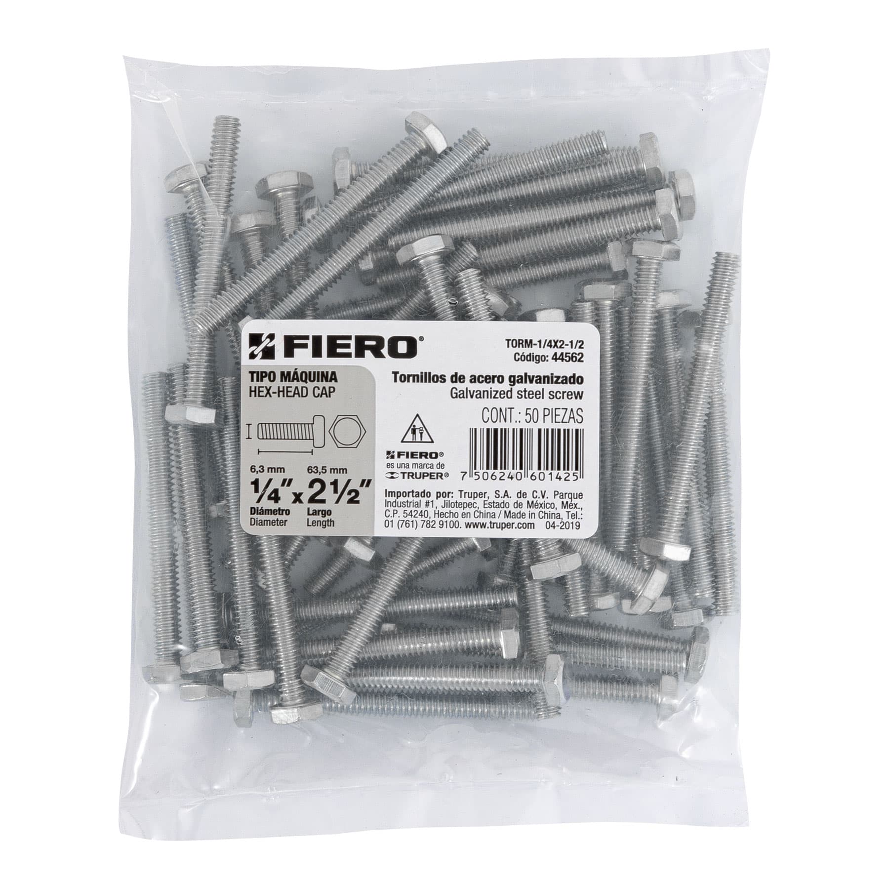 Tornillo Cabeza Hexagonal 1/4" x 2"1/2 Bolsa 50 Piezas Fiero