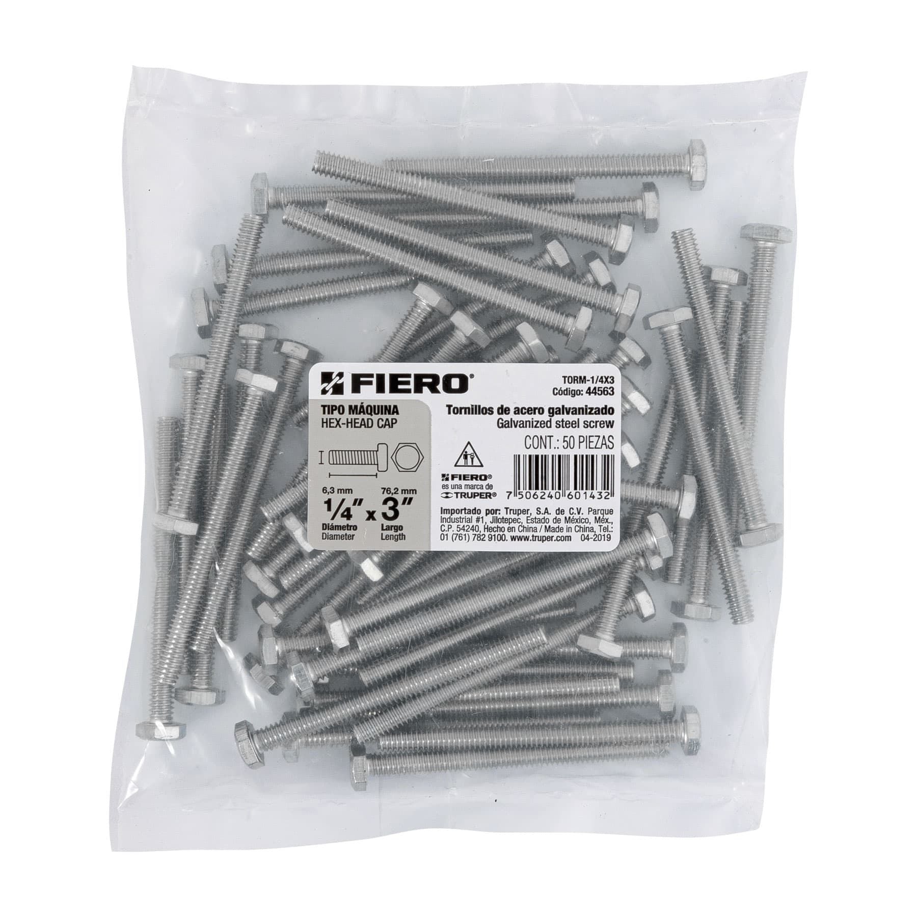Tornillo Cabeza Hexagonal 1/4" x 3" Fiero Bolsa 50 Piezas