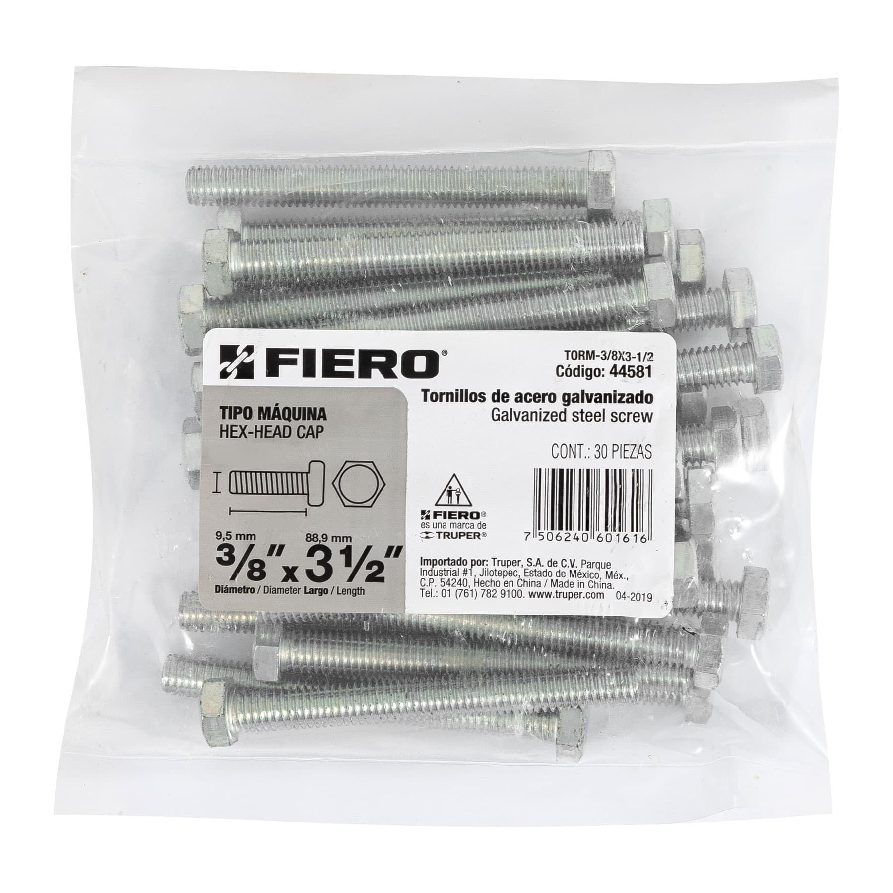 Tornillo Cabeza Hexagonal 3/8" x 3"1/2 Fiero Bolsa 30 Piezas