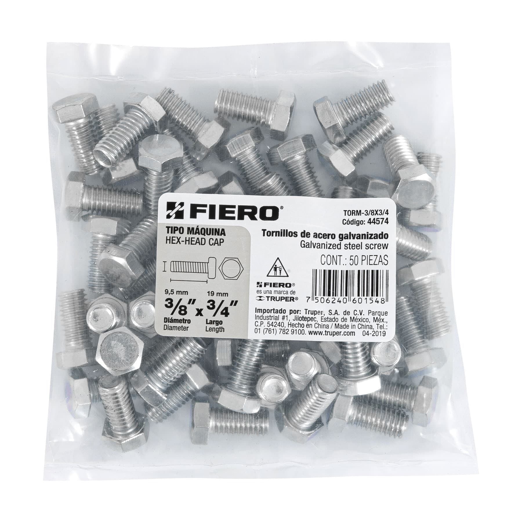 Tornillo Cabeza Hexagonal 3/8" x 3/4" Fiero Bolsa 50 Piezas
