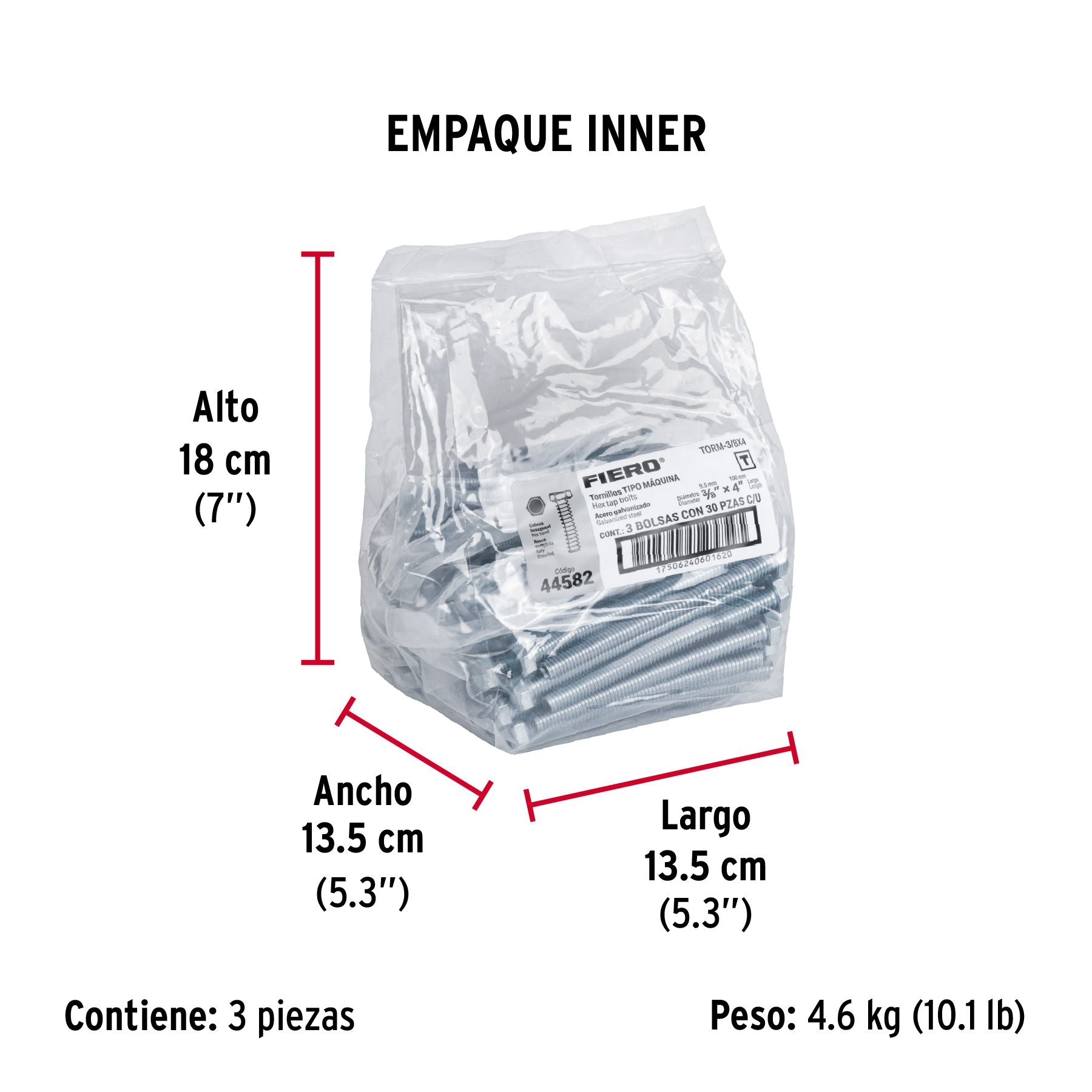 Tornillo Cabeza Hexagonal 3/8" x 4" Fiero Bolsa 30 Piezas