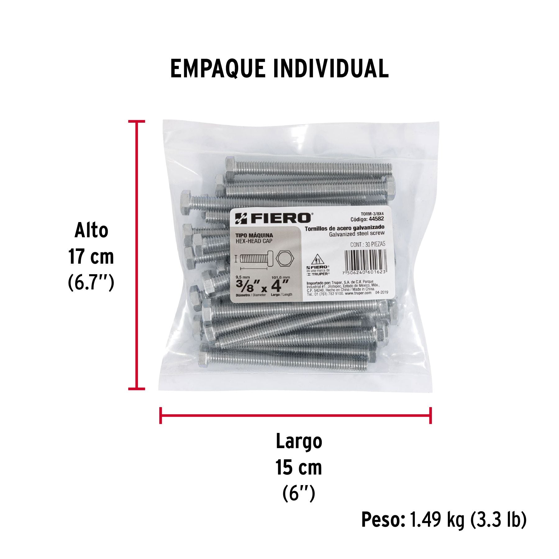 Tornillo Cabeza Hexagonal 3/8" x 4" Fiero Bolsa 30 Piezas