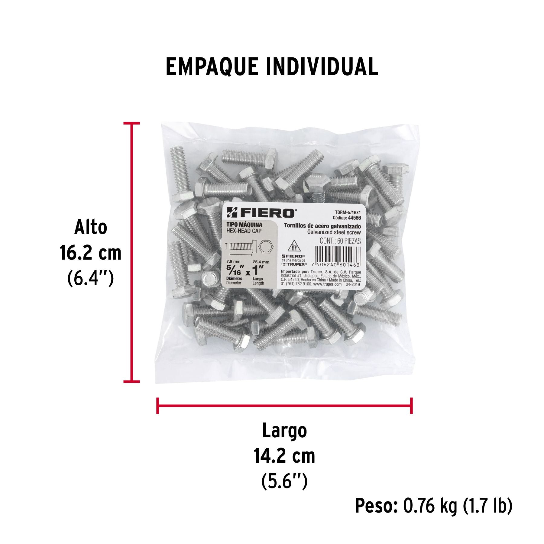 Tornillo Cabeza Hexagonal 5/16" x 1" Fiero Bolsa 60 Piezas