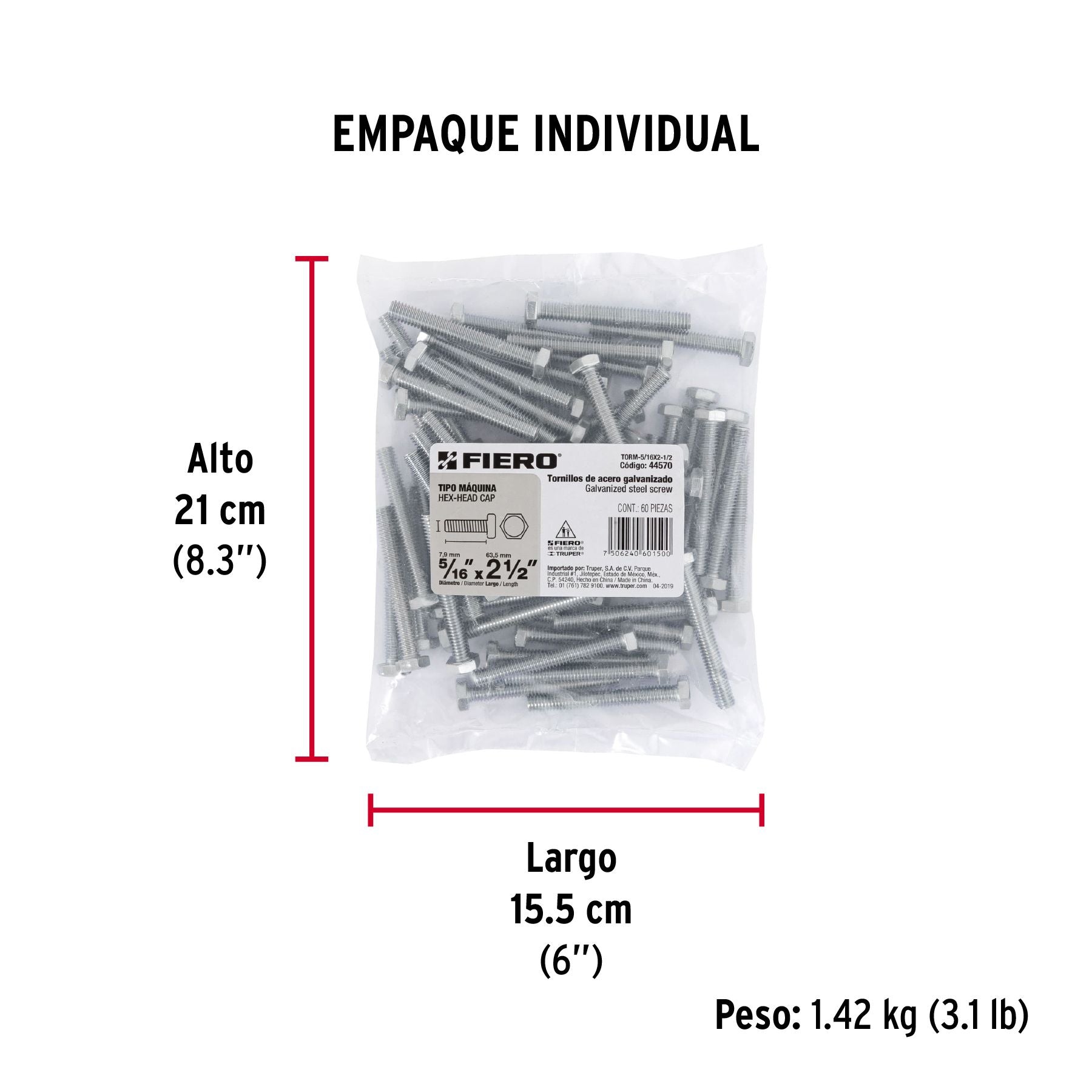 Tornillo Cabeza Hexagonal 5/16" x 2"1/2 Fiero Bolsa 60 Piezas