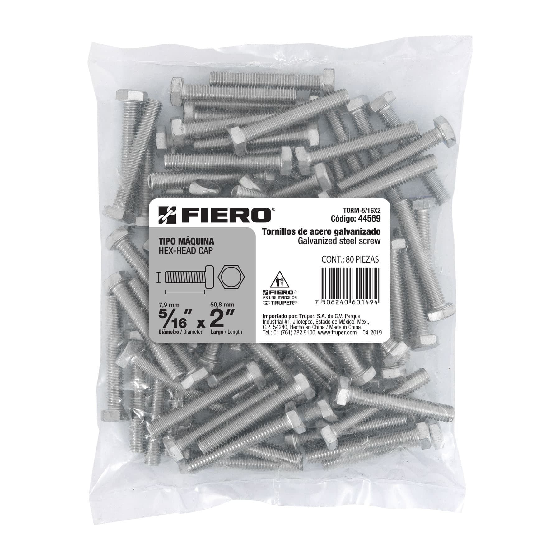 Tornillo Cabeza Hexagonal 5/16" x 2" Fiero Bolsa 80 Piezas