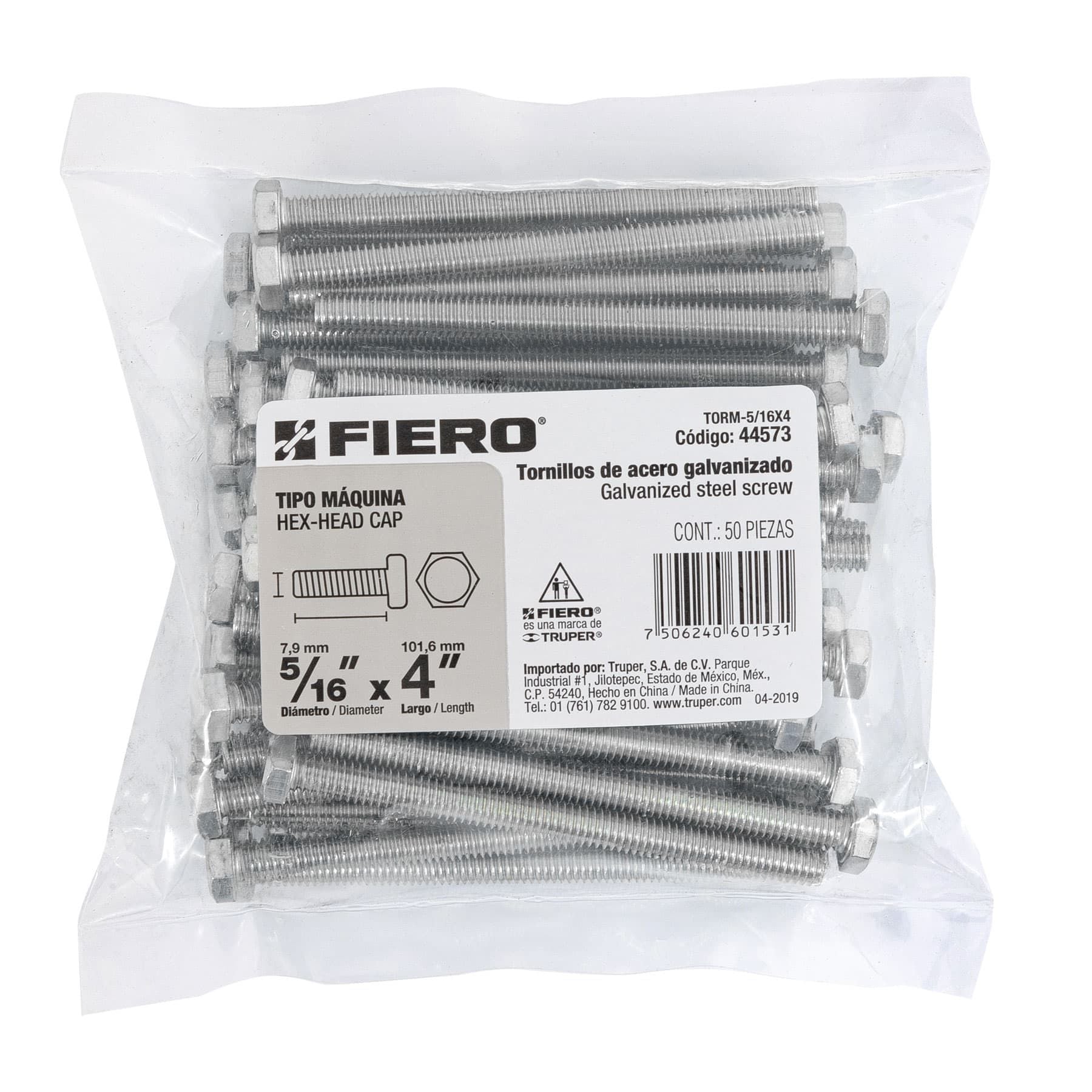 Tornillo Cabeza Hexagonal 5/16" x 4" Fiero Bolsa 50 Pieza