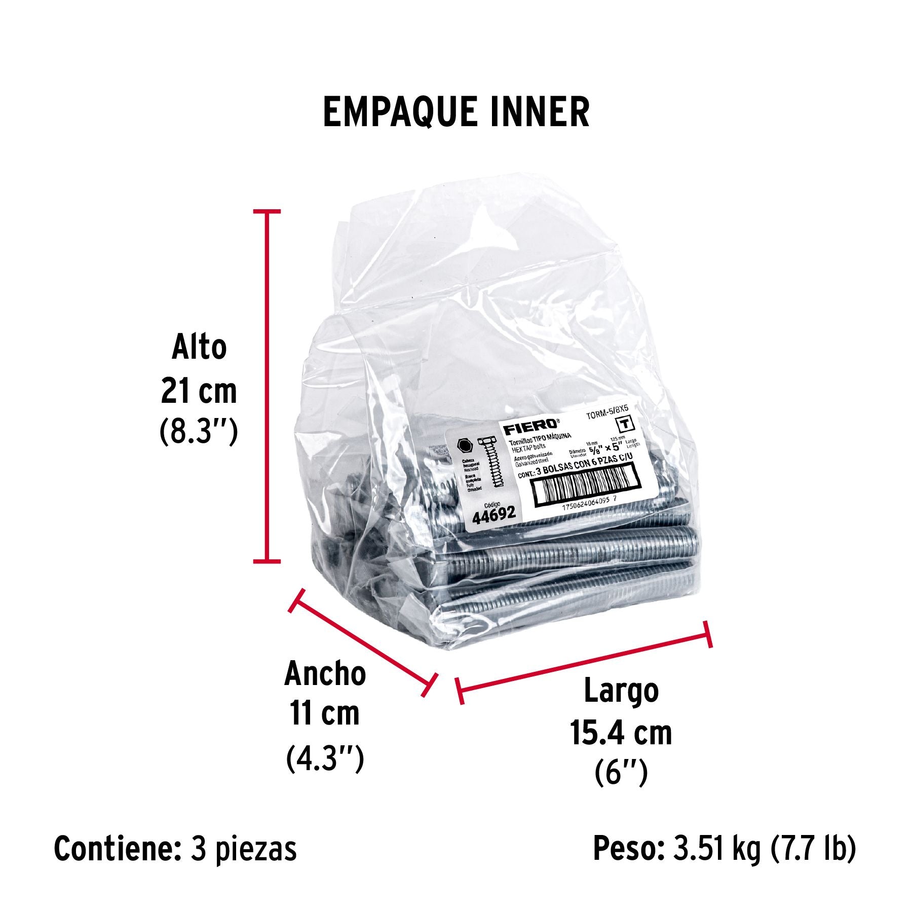 Tornillo Cabeza Hexagonal 5/8" x 5" Fiero Bolsa 6 Piezas