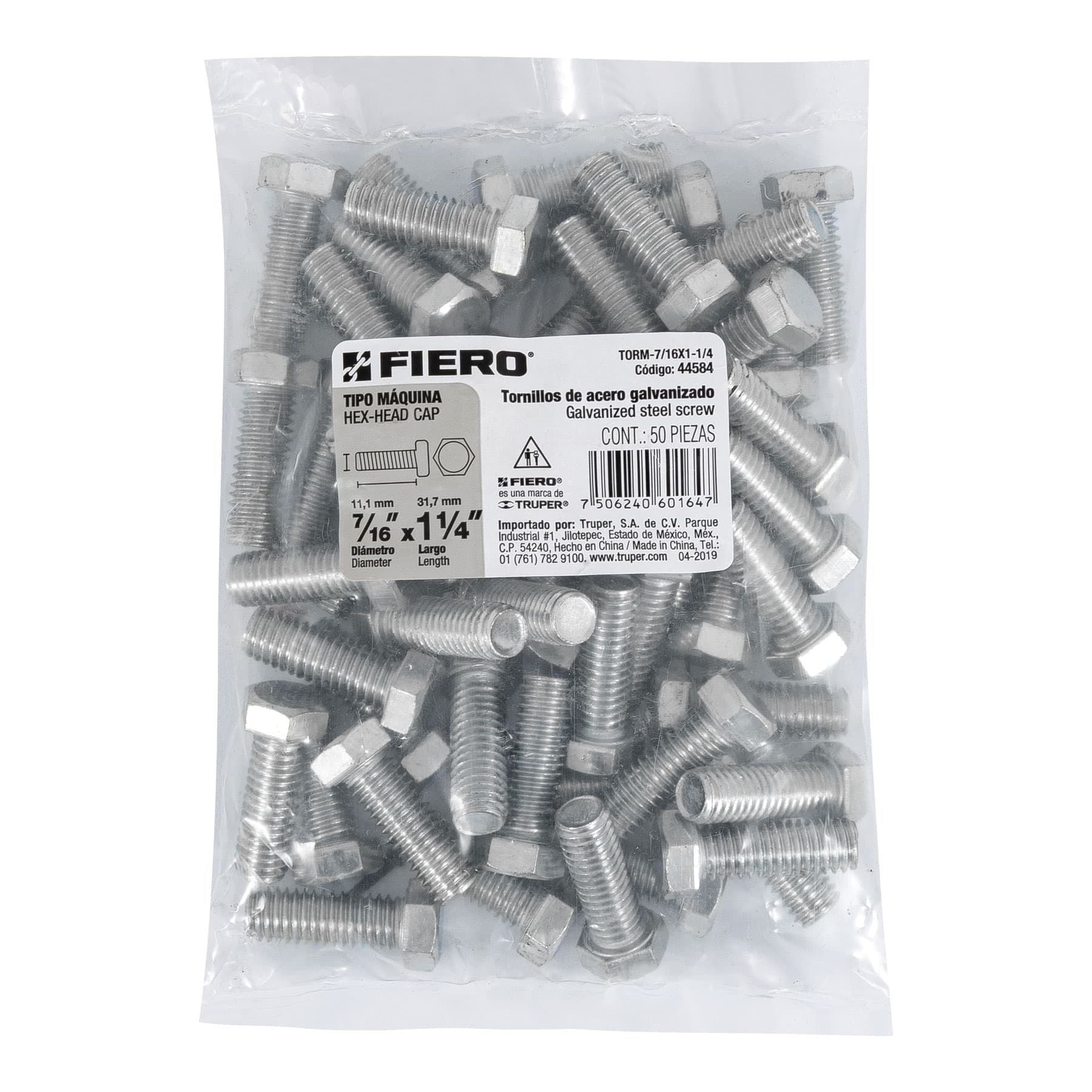 Tornillo Cabeza Hexagonal 7/16" x 1"1/4 Fiero Bolsa 50 Piezas
