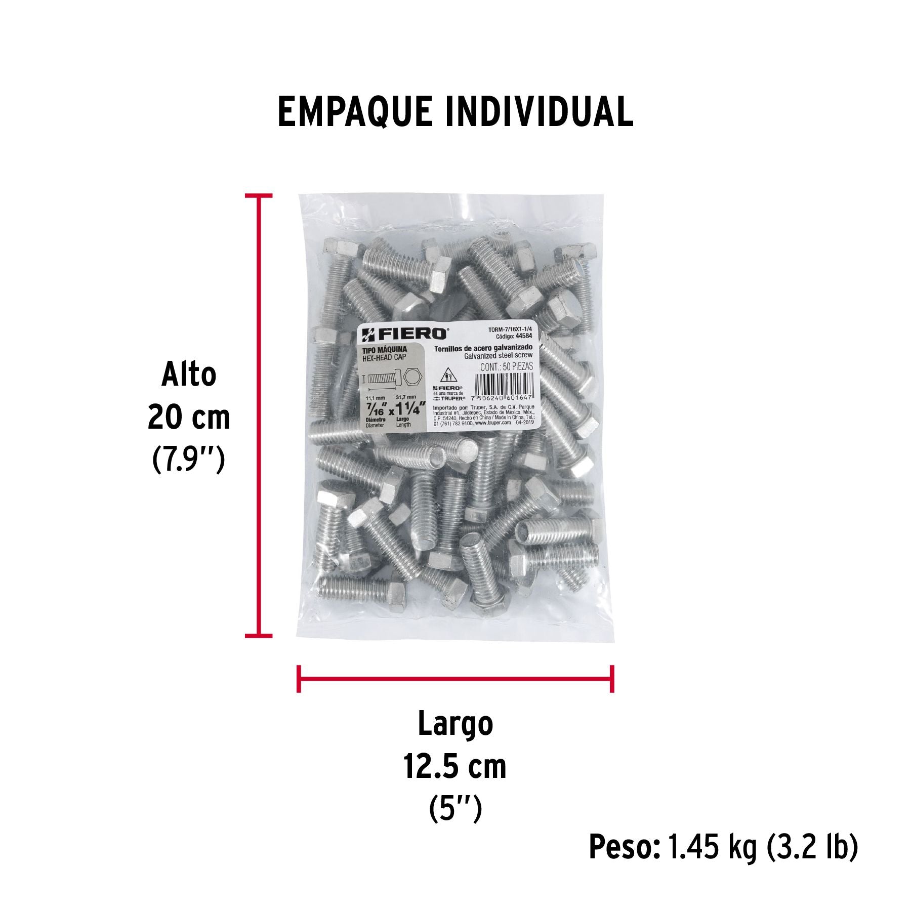 Tornillo Cabeza Hexagonal 7/16" x 1"1/4 Fiero Bolsa 50 Piezas