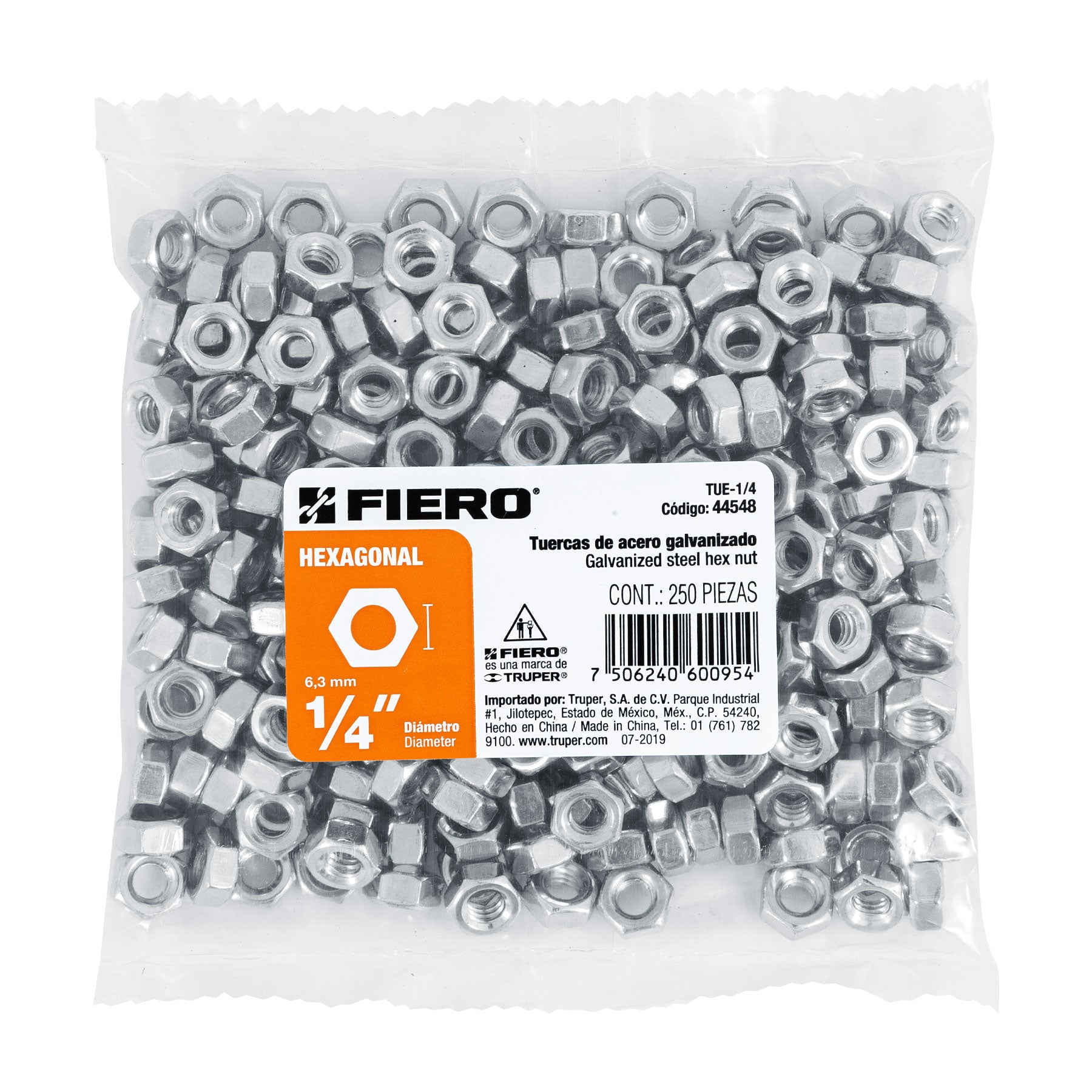 Tuerca Hexagonal 1/4" (6 mm) Fiero Bolsa 250 Piezas