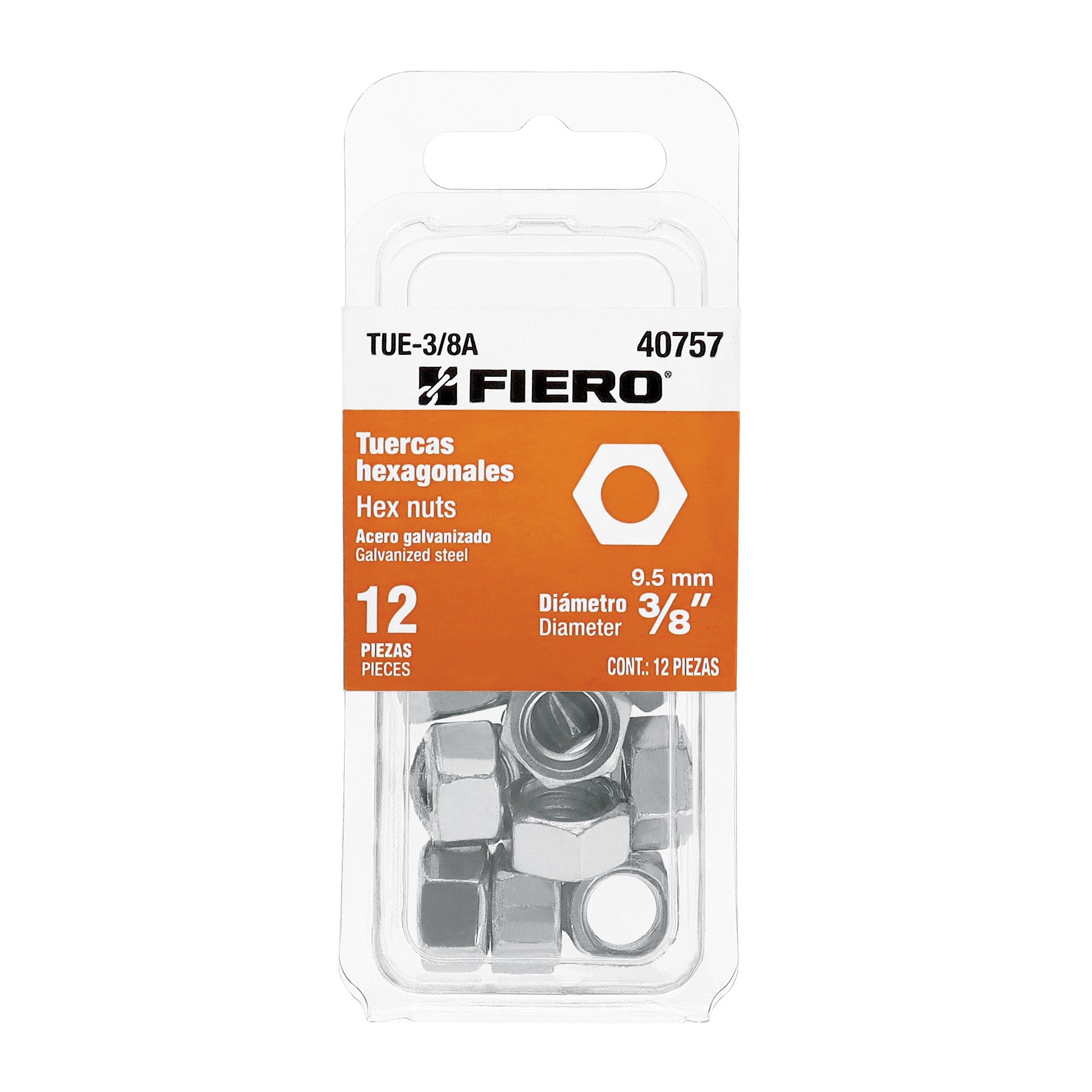 Tuerca Hexagonal 3/8" (10 mm) Fiero Blister 12 Piezas