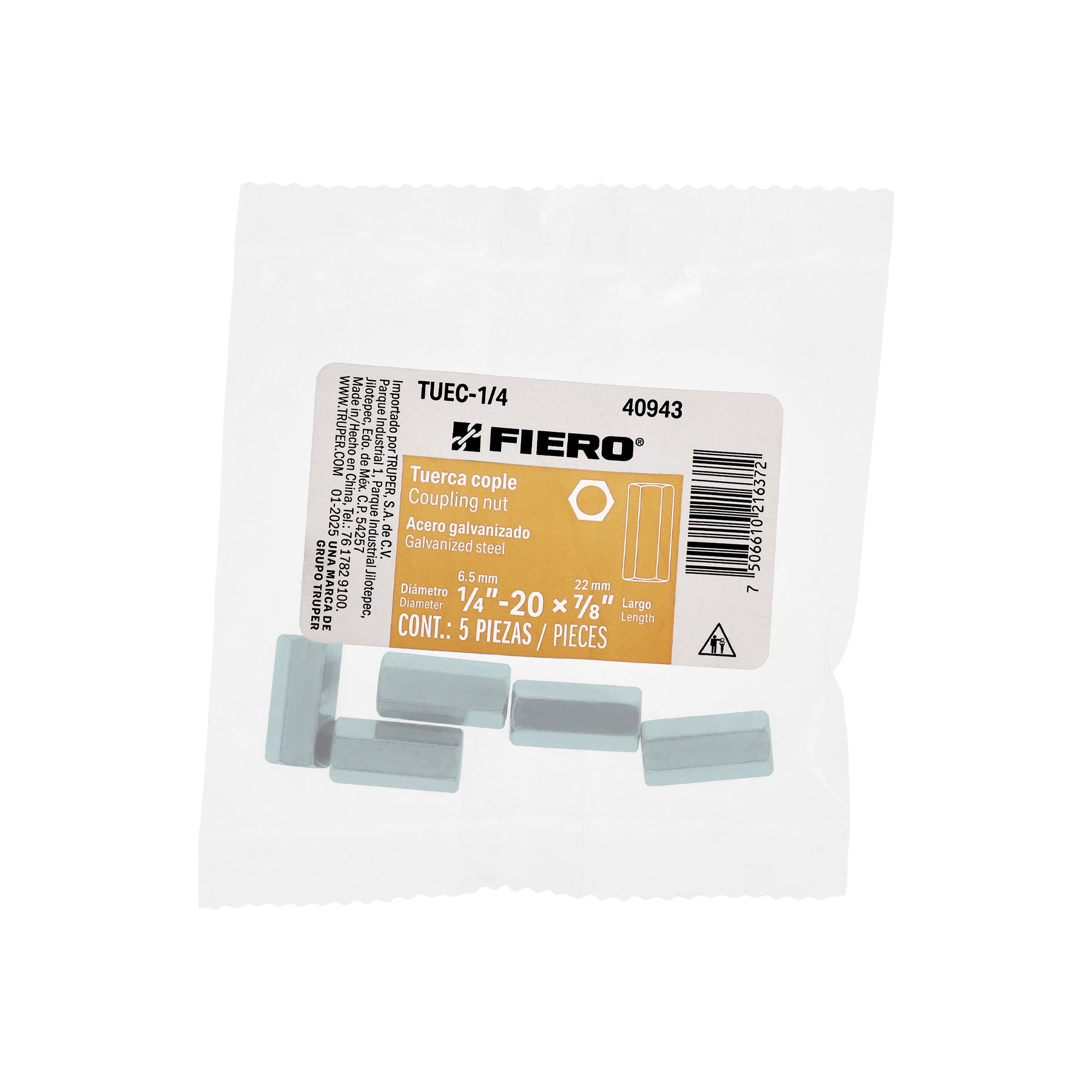 Tuerca Cople 1/4" (6 mm) Fiero Bolsa 5 Piezas