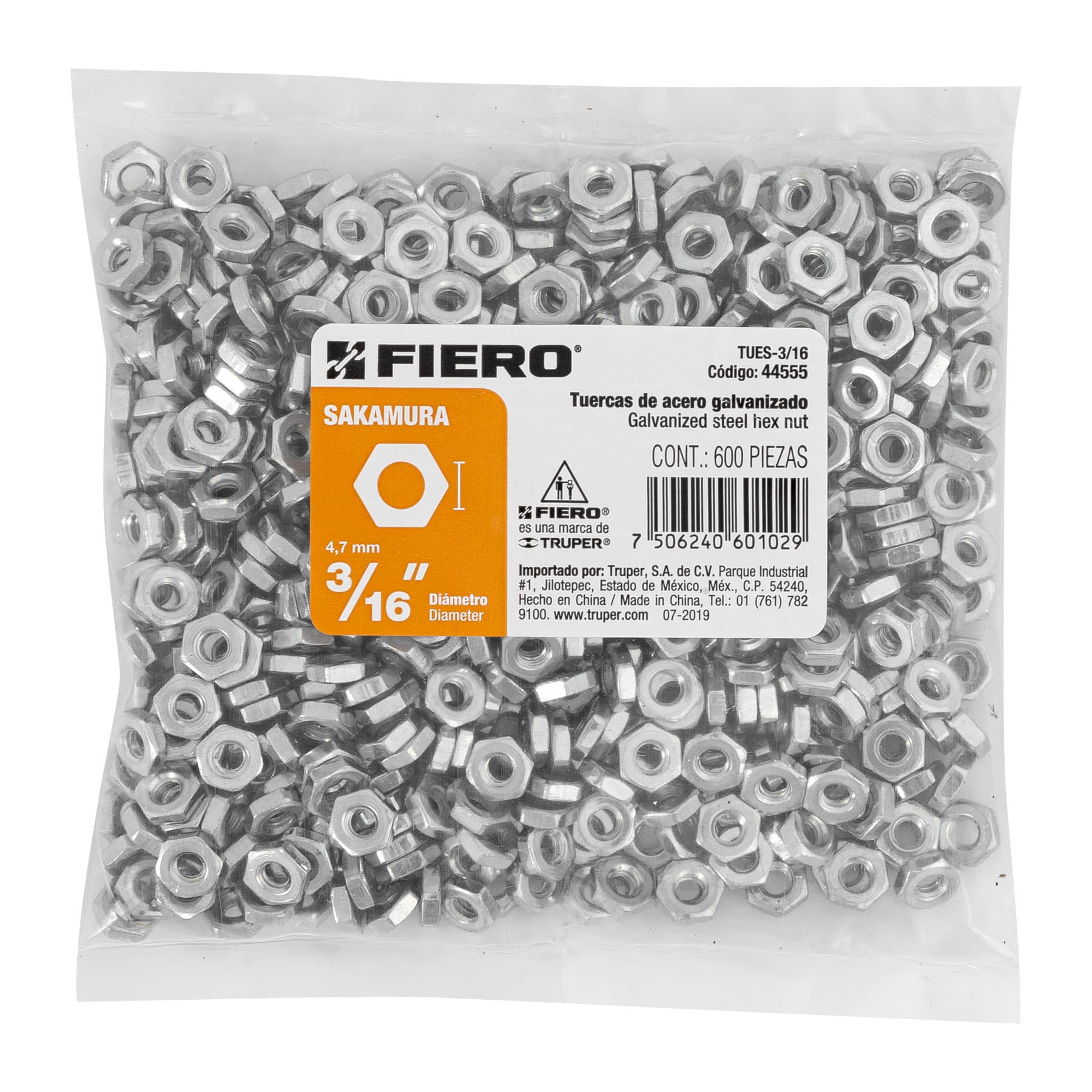 Tuerca Hexagonal 3/16" (5 mm) Fiero 100 Piezas
