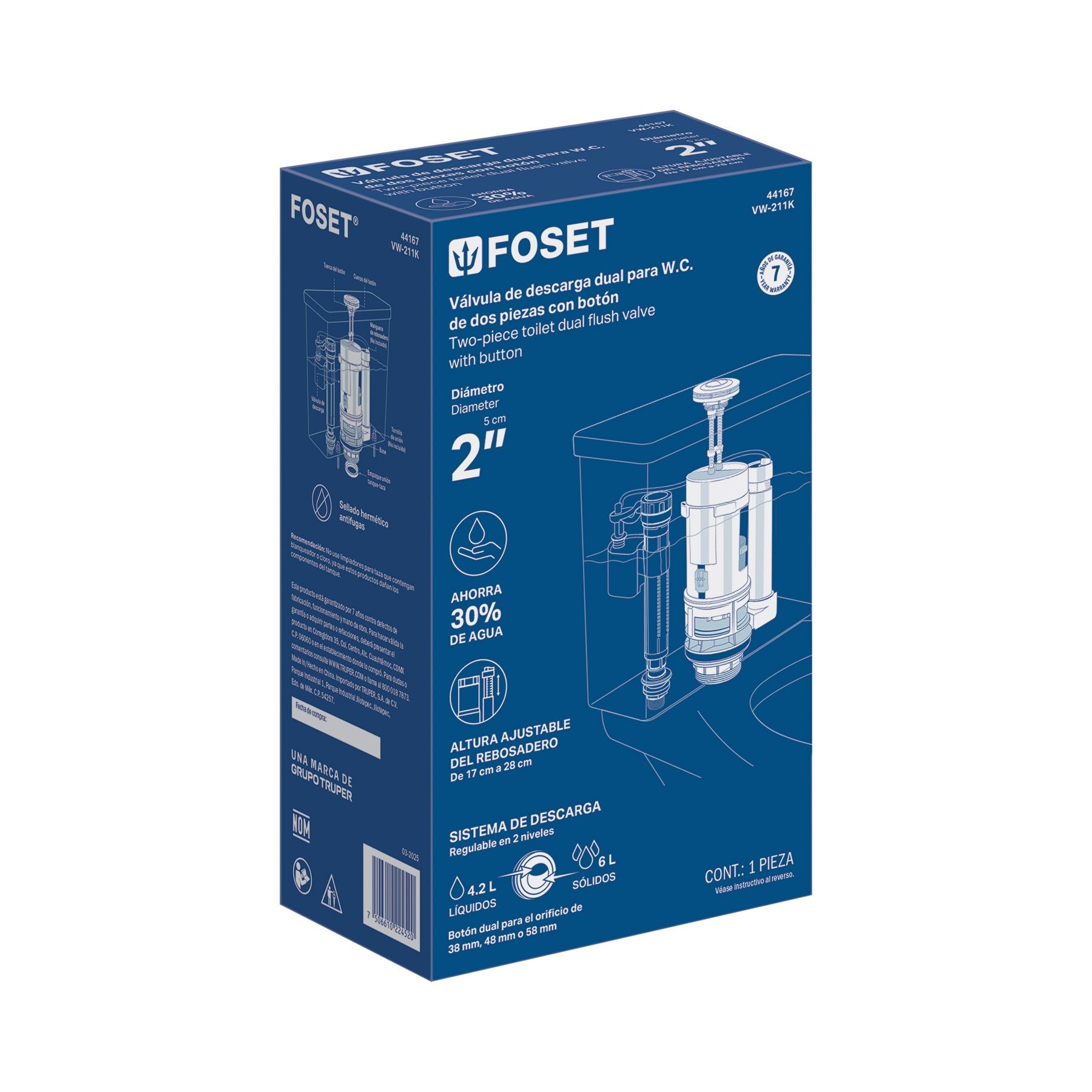 Valvula Descarga Dual Sanitario de 2 Piezas de 2" con Boton Foset