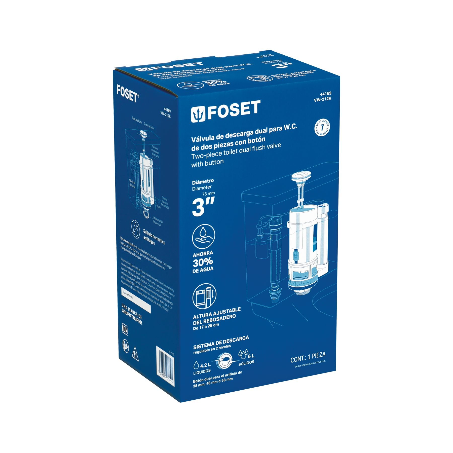 Valvula Descarga Dual Sanitario de 2 Piezas de 3" con Boton Foset