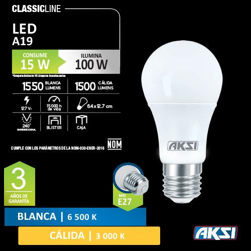 Foco LED Tipo Bulbo 15 Watts A19 E27 Luz Blanca Aksi