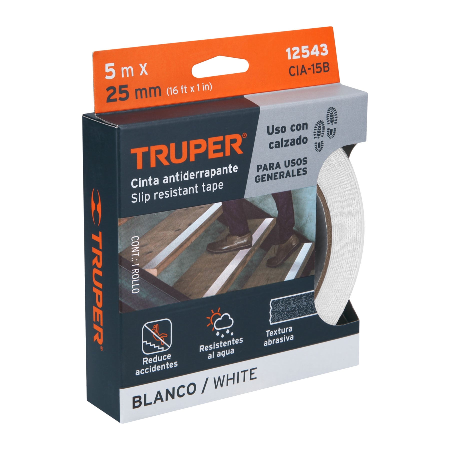 Cinta Adhesiva Antiderrapante 25 mm x 5 mts Blanca Truper