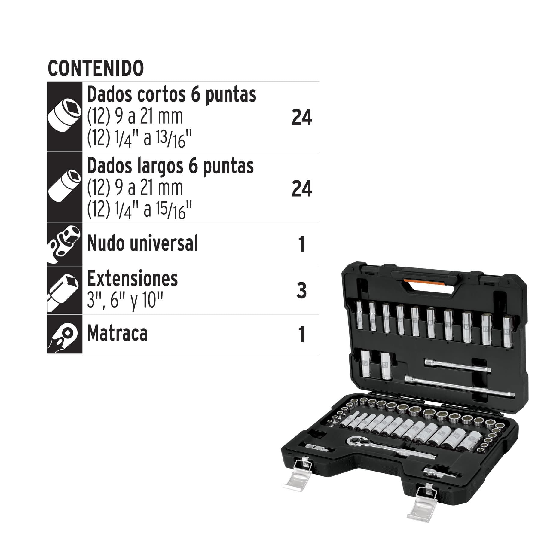 Juego de Dados y Accesorios Cuadro 3/8" Combinado 53 Piezas Truper