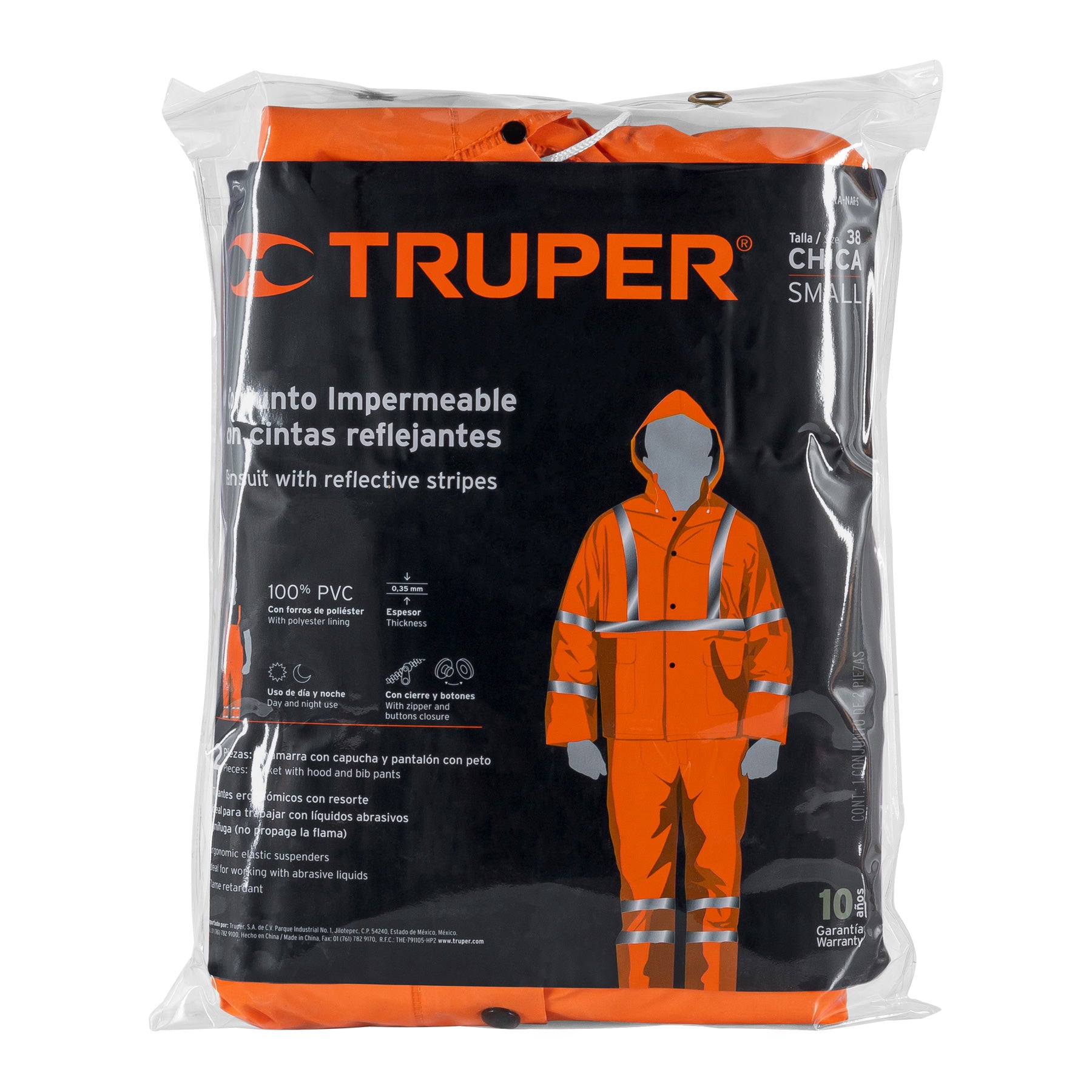 Conjunto Impermeable Doble Capa con Reflejantes Naranja Truper Talla Chica